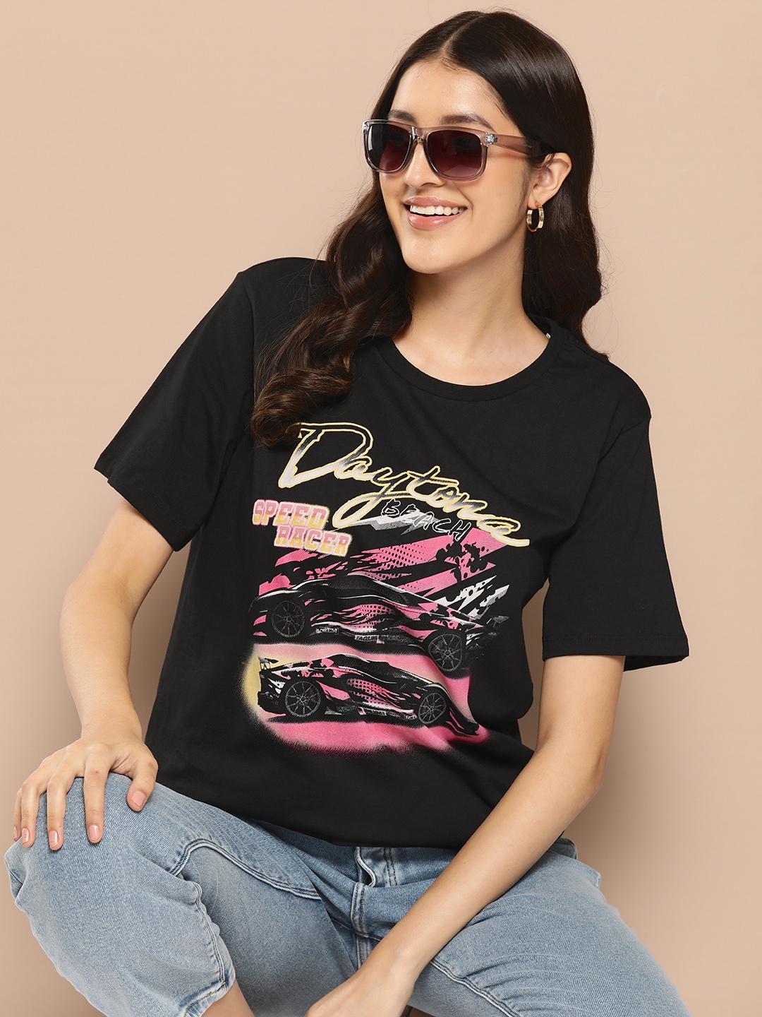 

HERE&NOW Women Printed Pure Cotton T-shirt, Black