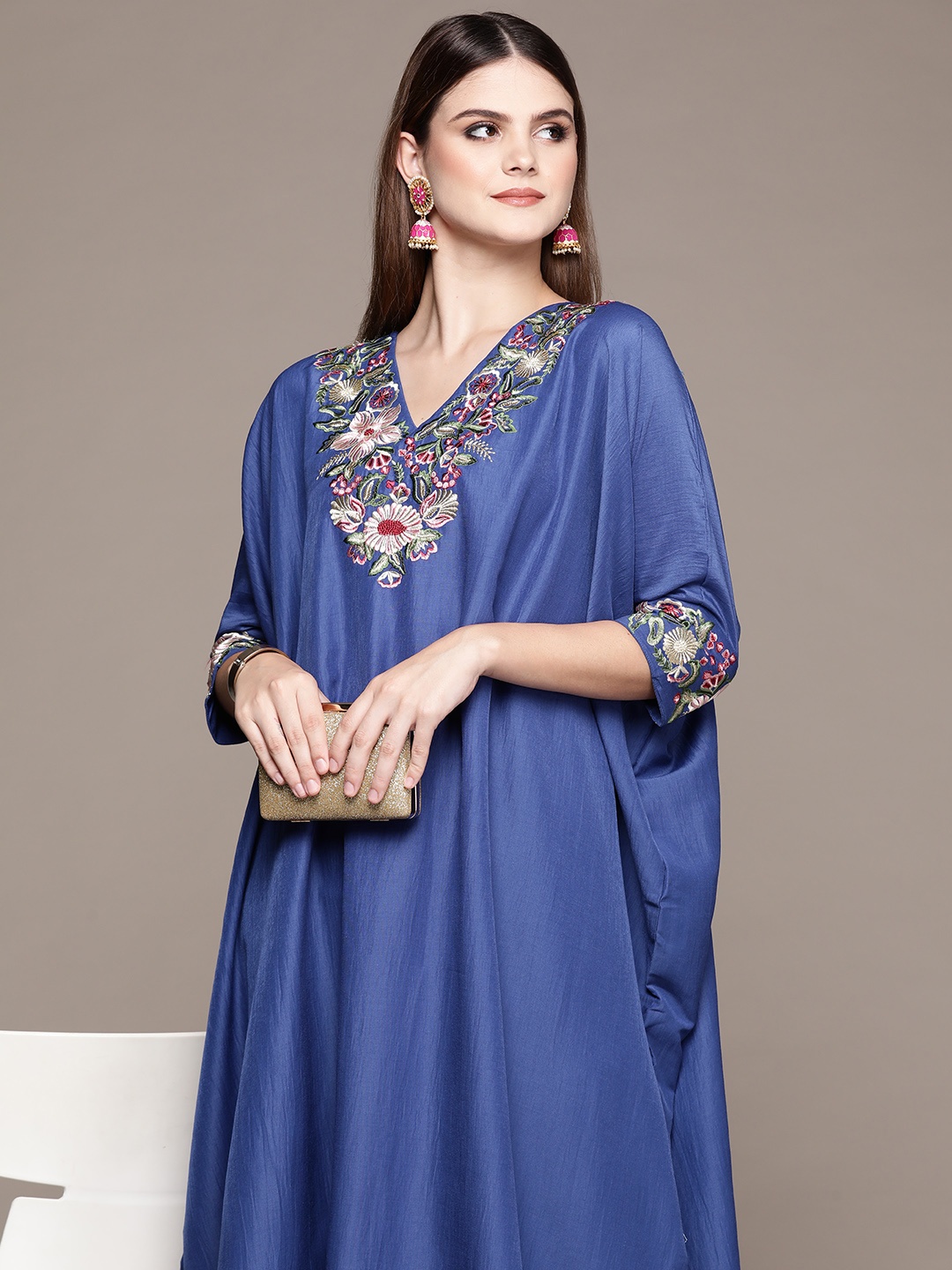 

Moda Rapido Women Floral Embroidered Kaftan Kurta with Trousers, Blue