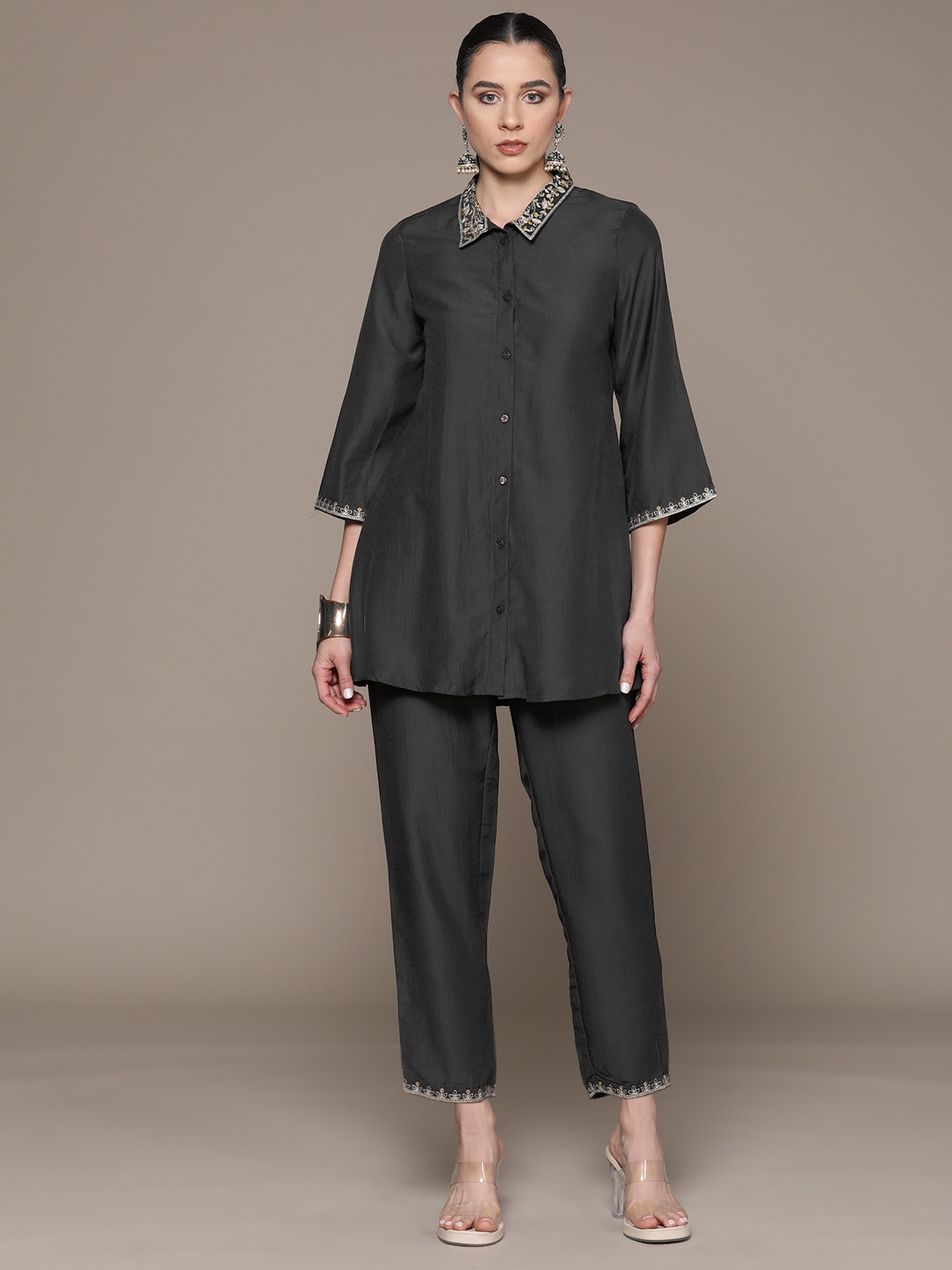 

Moda Rapido Ethnic Motifs Zari Embroidered Shirt-Style Kurti with Trousers, Charcoal