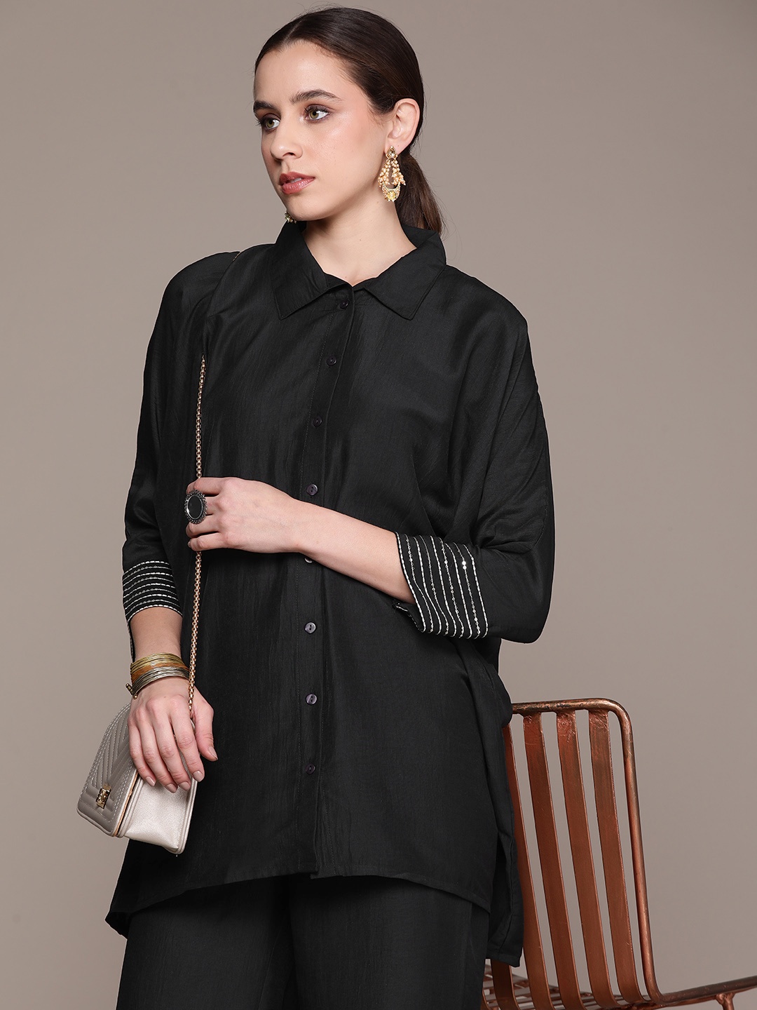 

Moda Rapido Shirt-Style Extended Sleeves High-Low Hem Kurti with Trousers, Black