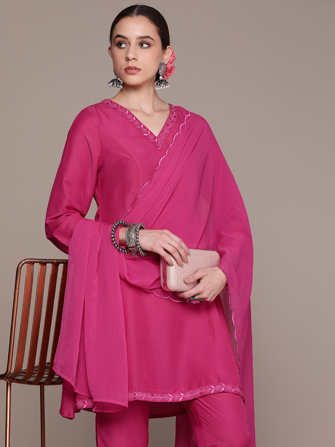 

Moda Rapido A-Line Kurti with Trousers & Dupatta, Fuchsia