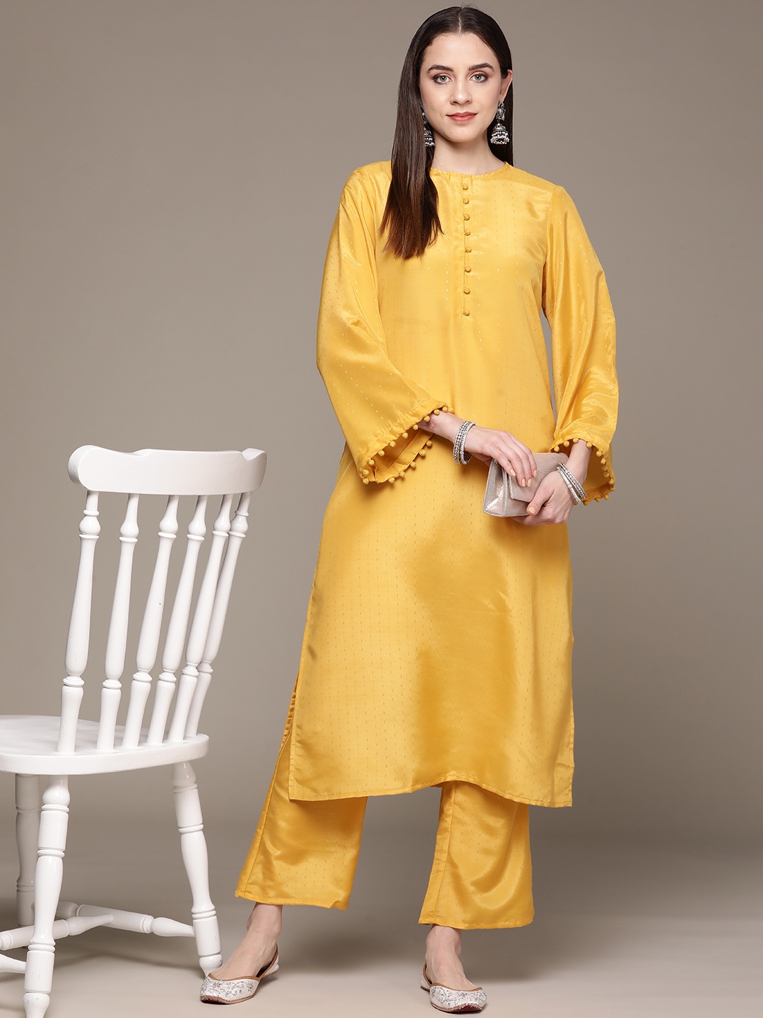 

Moda Rapido Potli Buttons Detailed Flared Sleeves Kurta with Trousers, Mustard