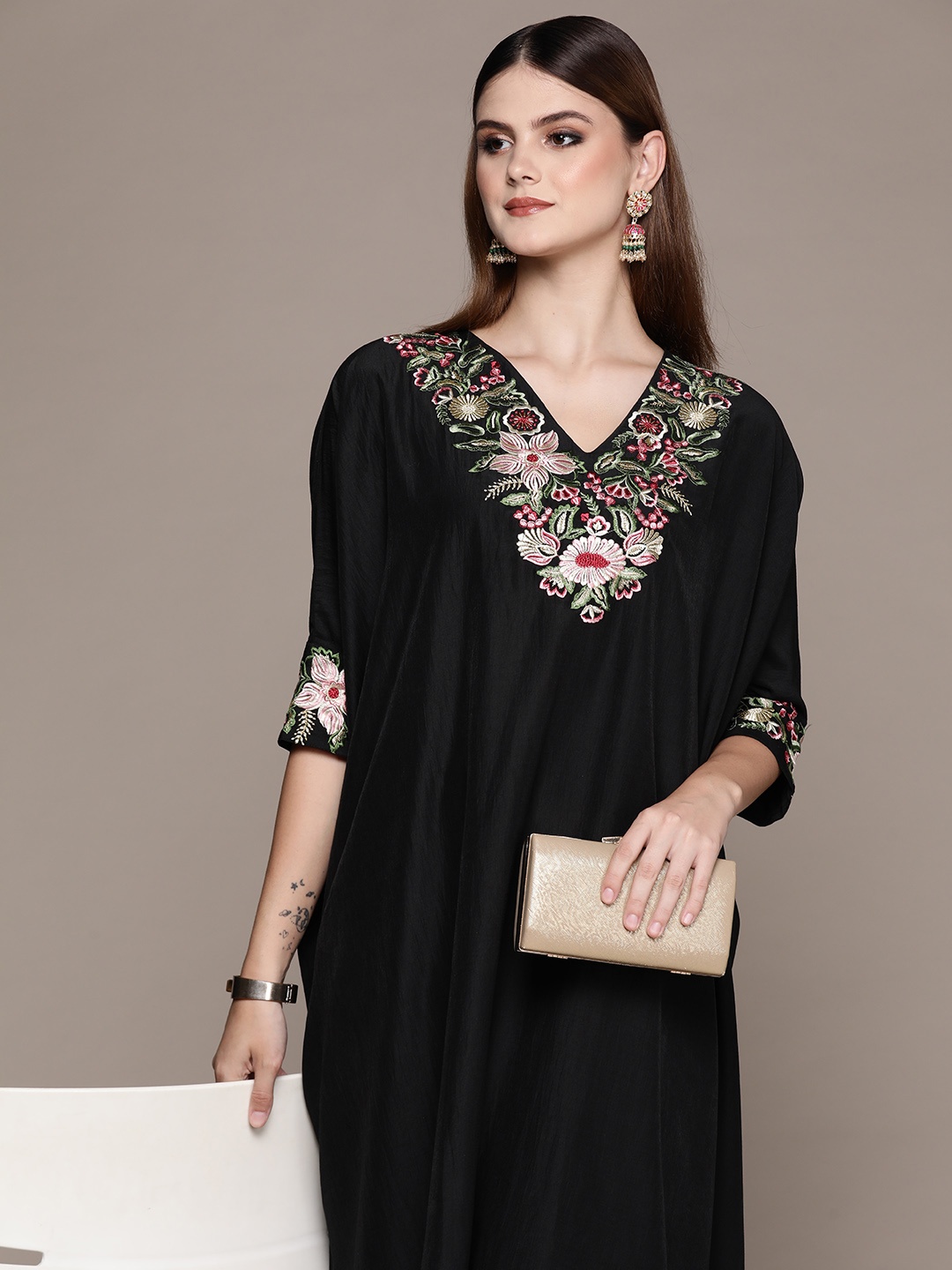 

Moda Rapido Women Floral Embroidered Kaftan Kurta with Trousers, Black