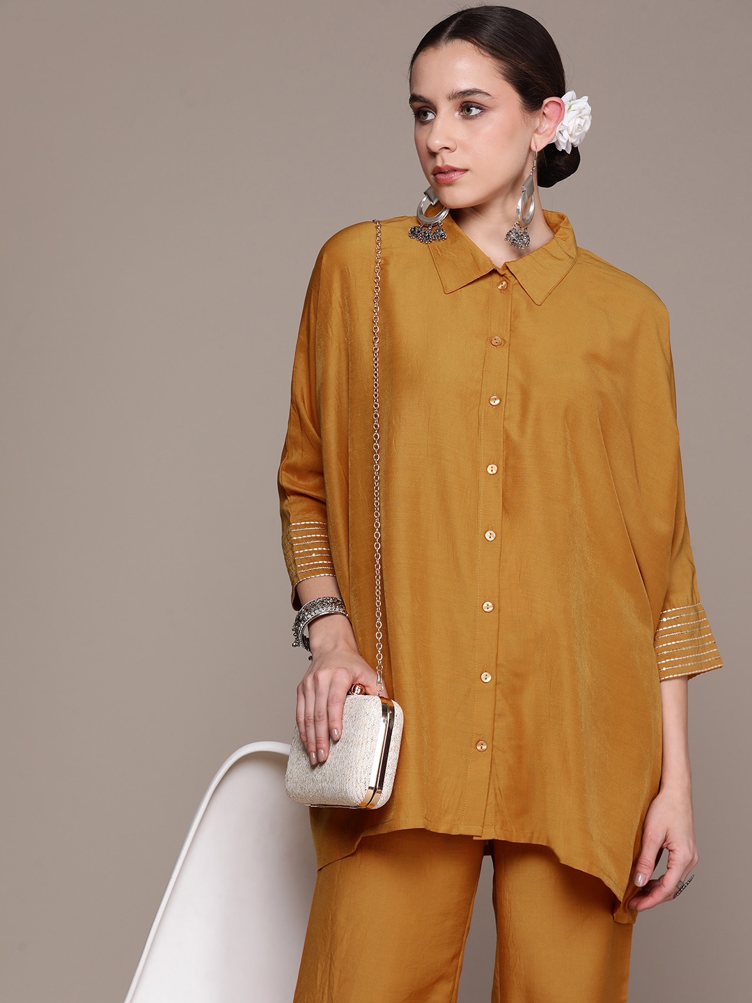 

Moda Rapido Shirt-Style Extended Sleeves High-Low Hem Kurti with Trousers, Mustard