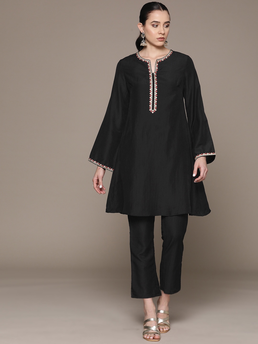

Moda Rapido Ethnic Motifs Zari Embroidered A-Line Kurta with Trousers, Black