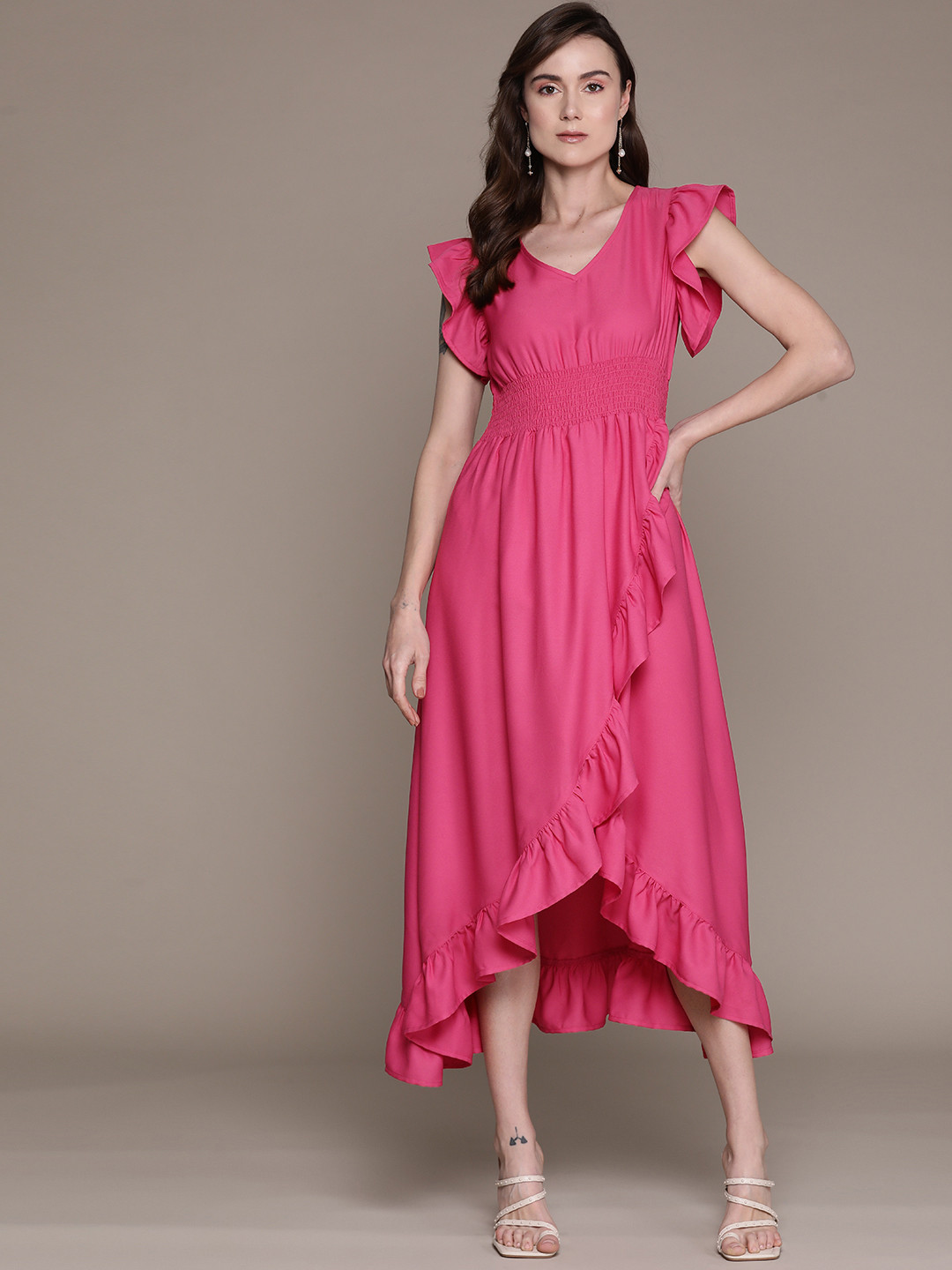 

Moda Rapido Flared Sleeve Ruffled A-Line Midi Dress, Fuchsia