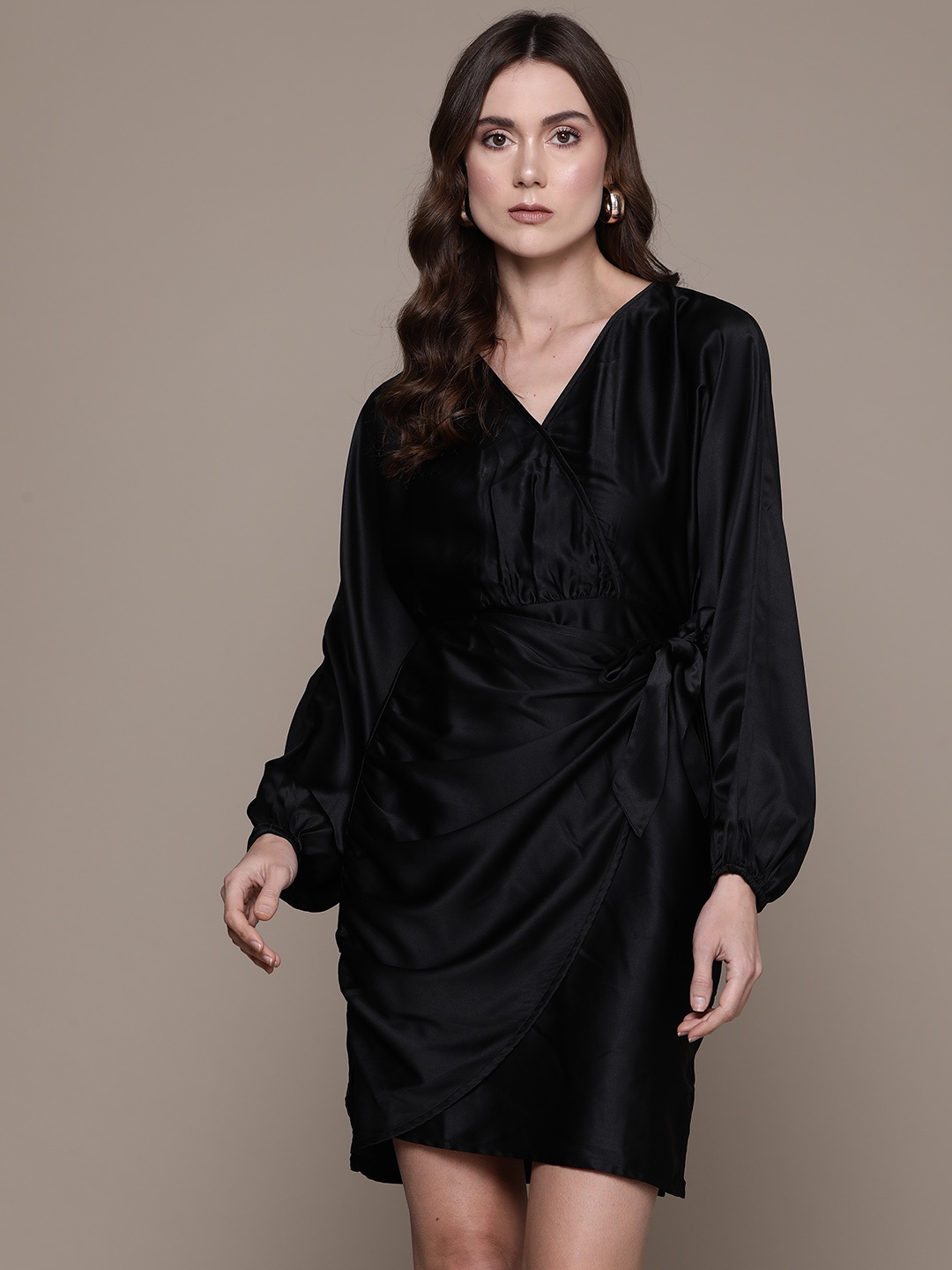 

Moda Rapido Puff Sleeve Satin Wrap Dress, Black