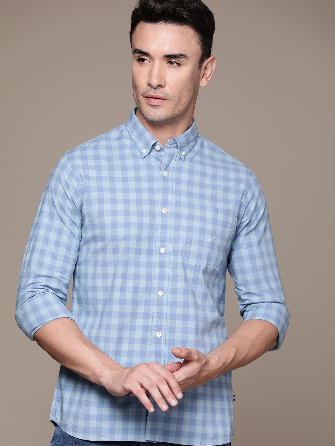 

Nautica Slim Fit Micro Checks Opaque Checked Casual Shirt, Blue