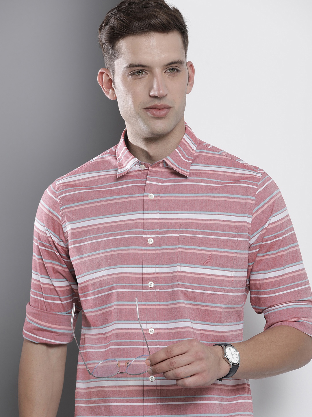 

Nautica Classic Fit Horizontal Striped Casual Shirt, Pink