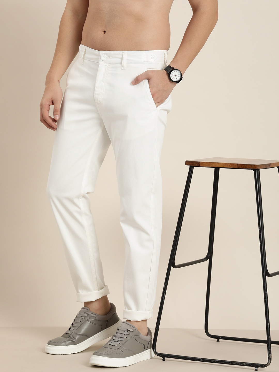 

HERE&NOW Men Tapered Fit Chinos Trousers, White