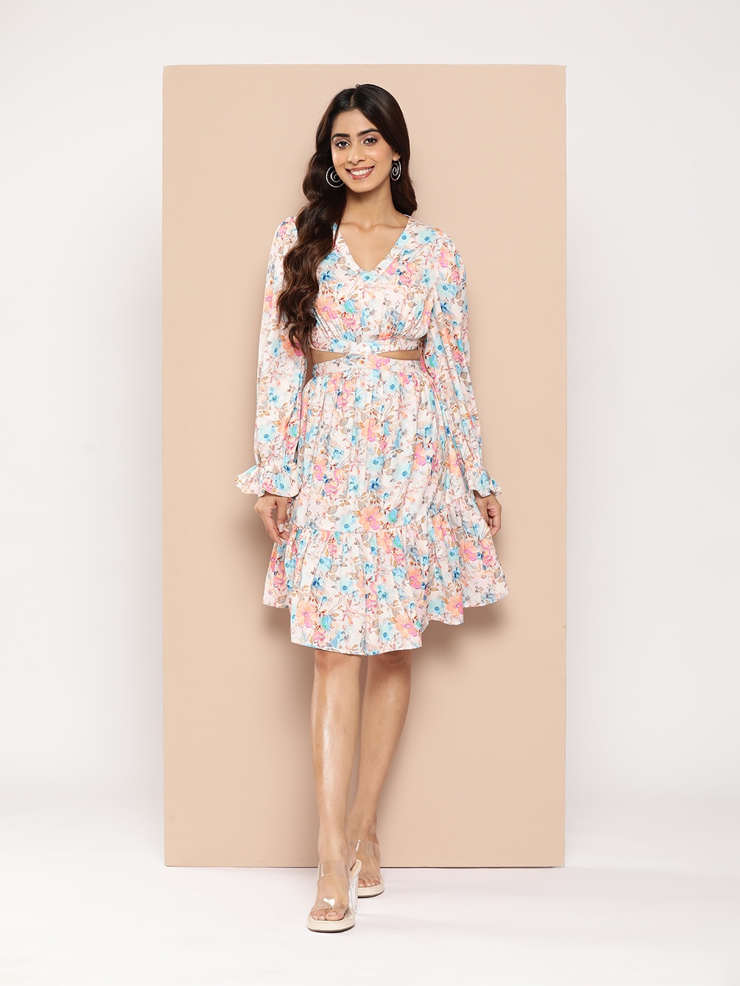 

HERE&NOW Floral Print Puff Sleeves Cut-Out Detail A-Line Dress, Off white