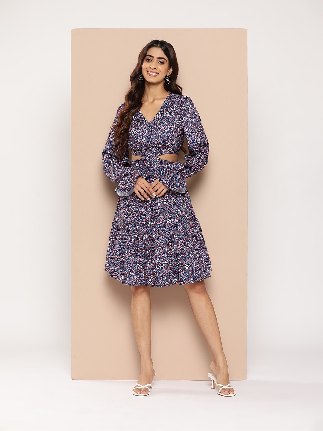 

HERE&NOW Ditsy Floral Print Puff Sleeves Cut-Out Detail A-Line Dress, Navy blue