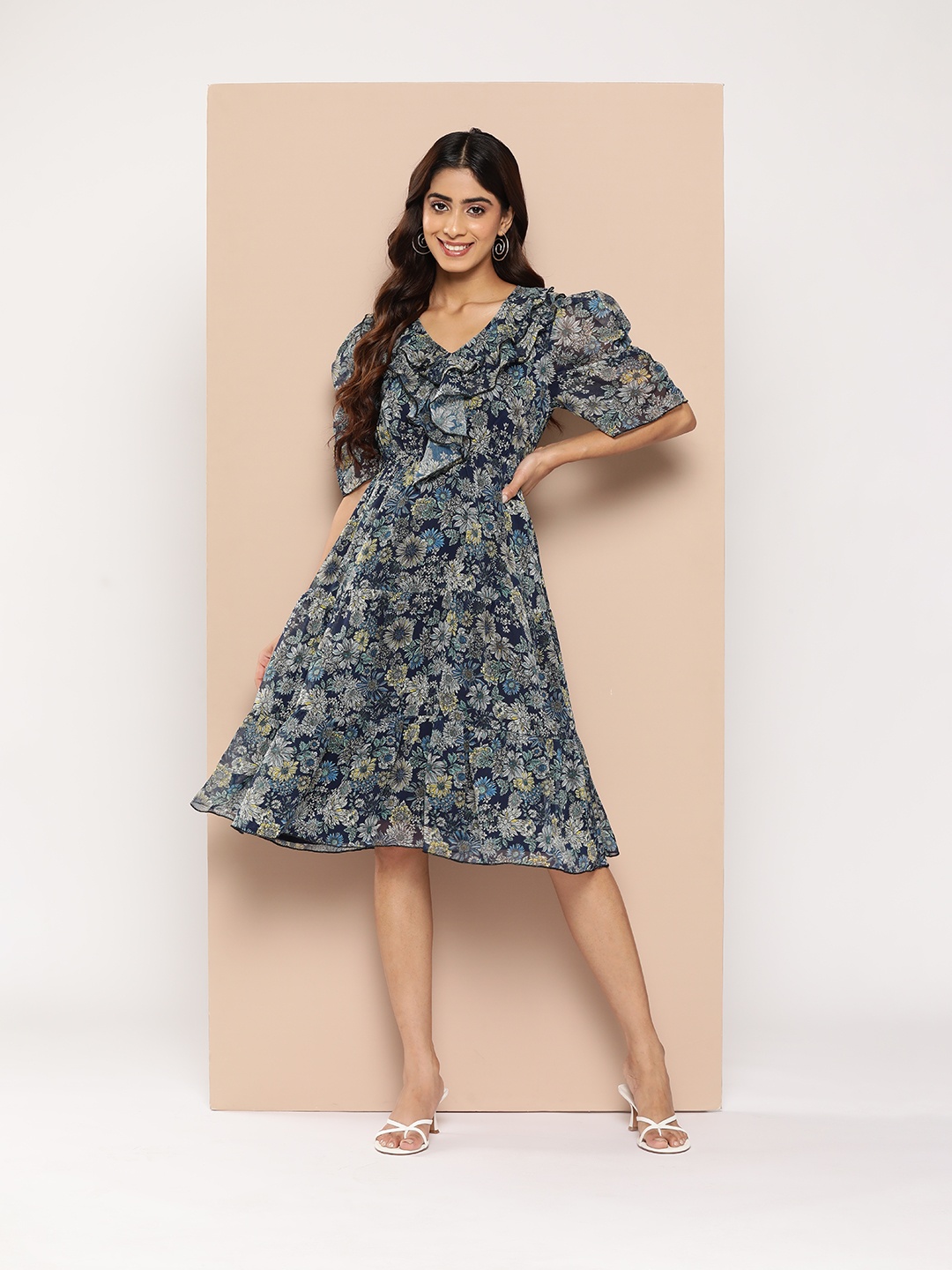 

HERE&NOW Floral Print Puff Sleeves Ruffle Detailed A-Line Midi Dress, Navy blue