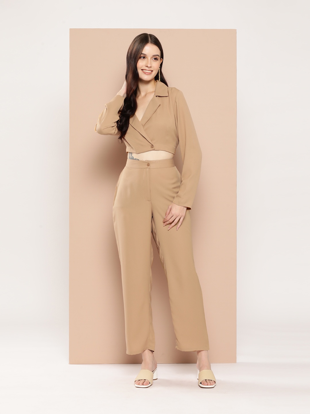 

HERE&NOW Solid Blazer Crop Top with Trousers, Camel brown