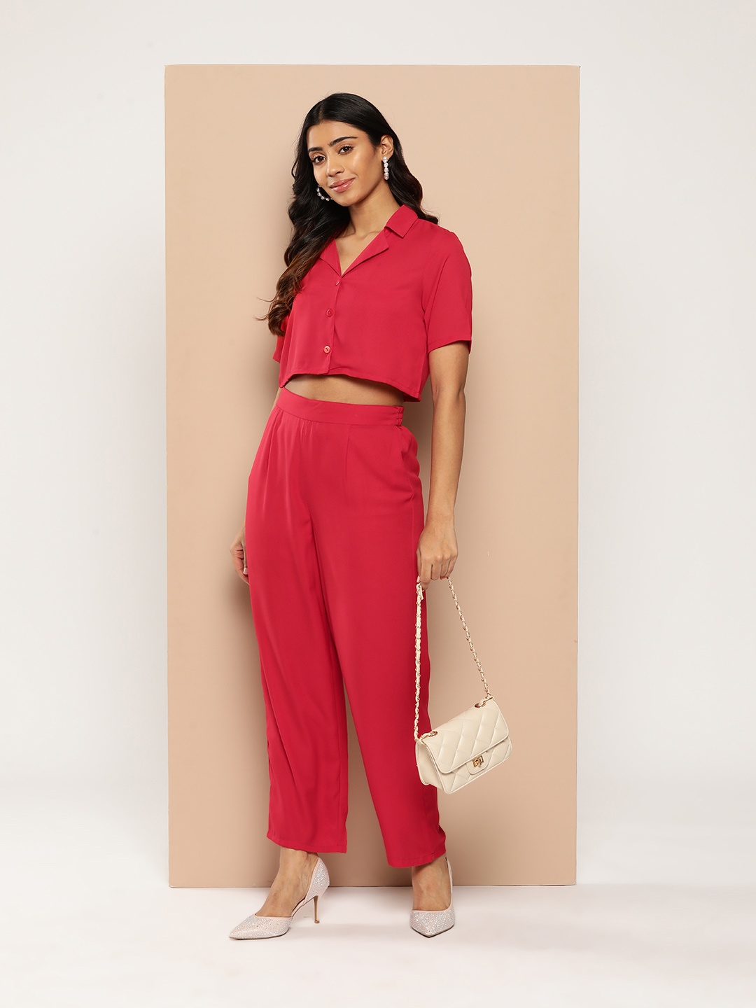 

HERE&NOW Women Notched Lapel Crop Co-Ords, Red