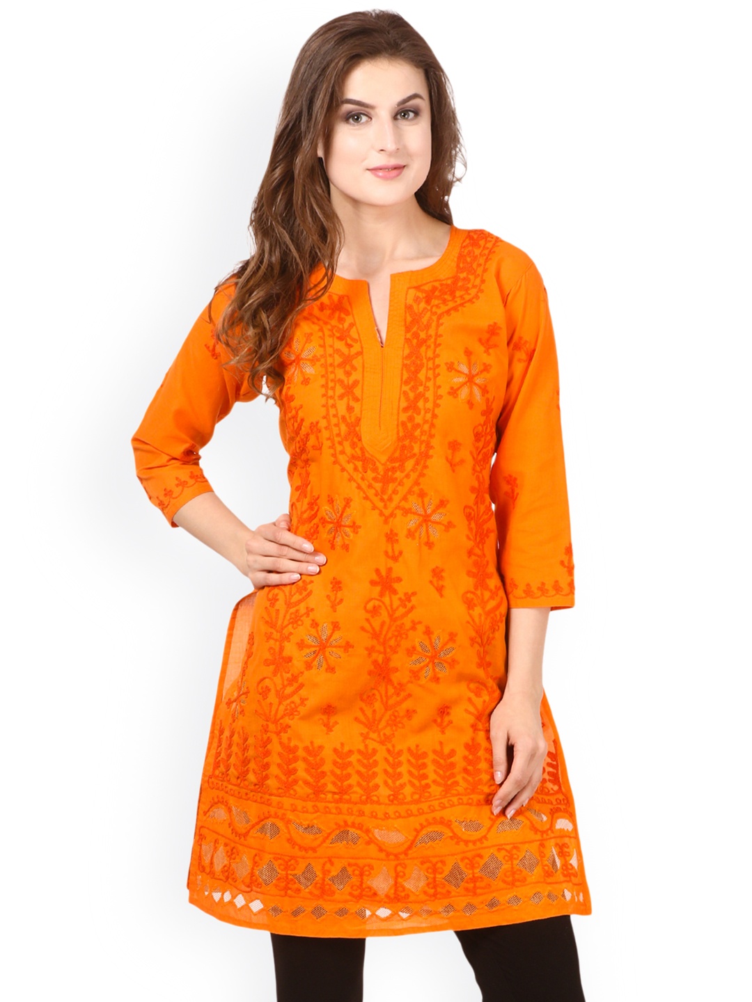 

Saadgi Women Orange Embroidered Straight Kurta