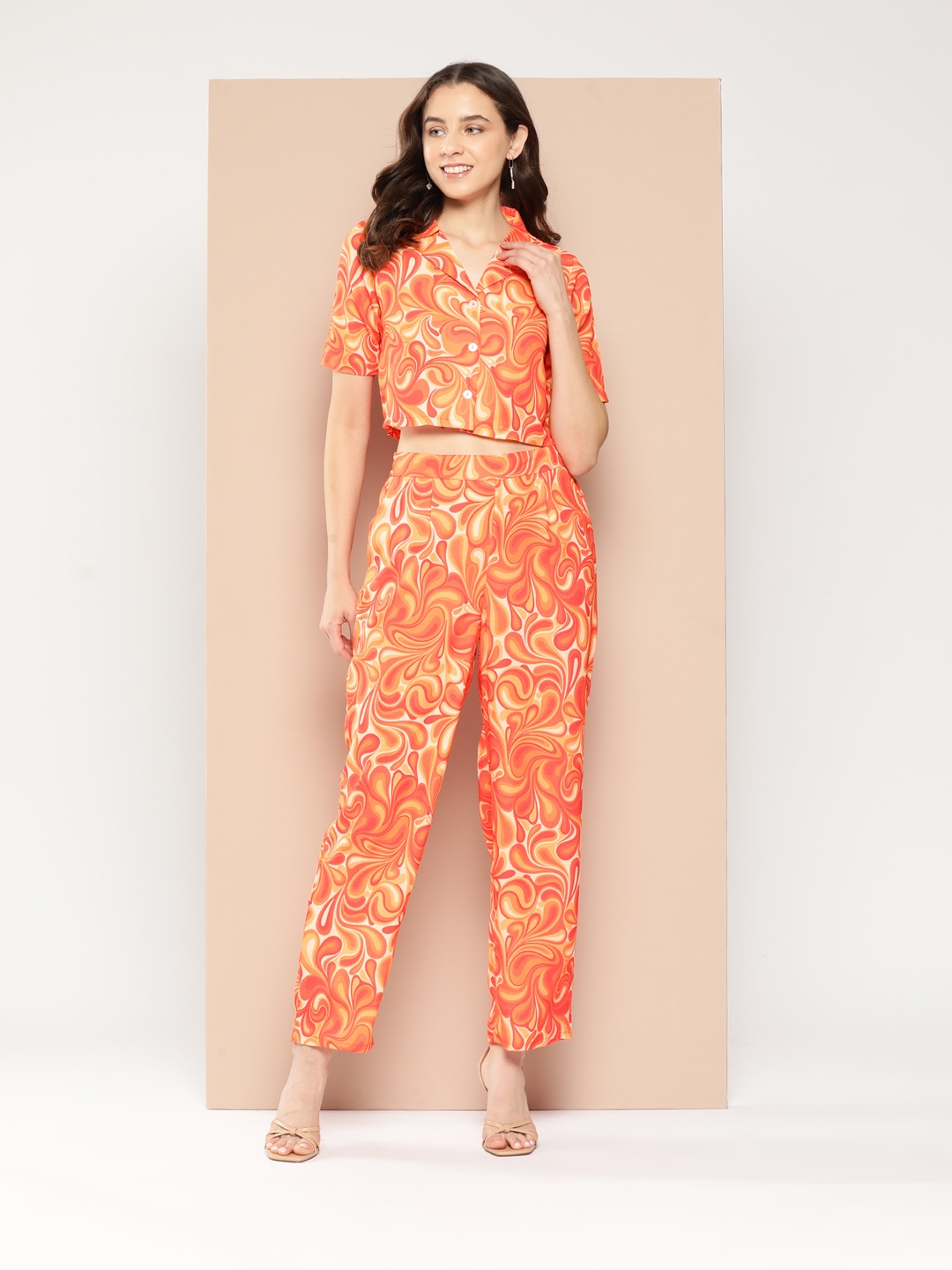 

HERE&NOW Women Printed Crop Co-Ords, Orange
