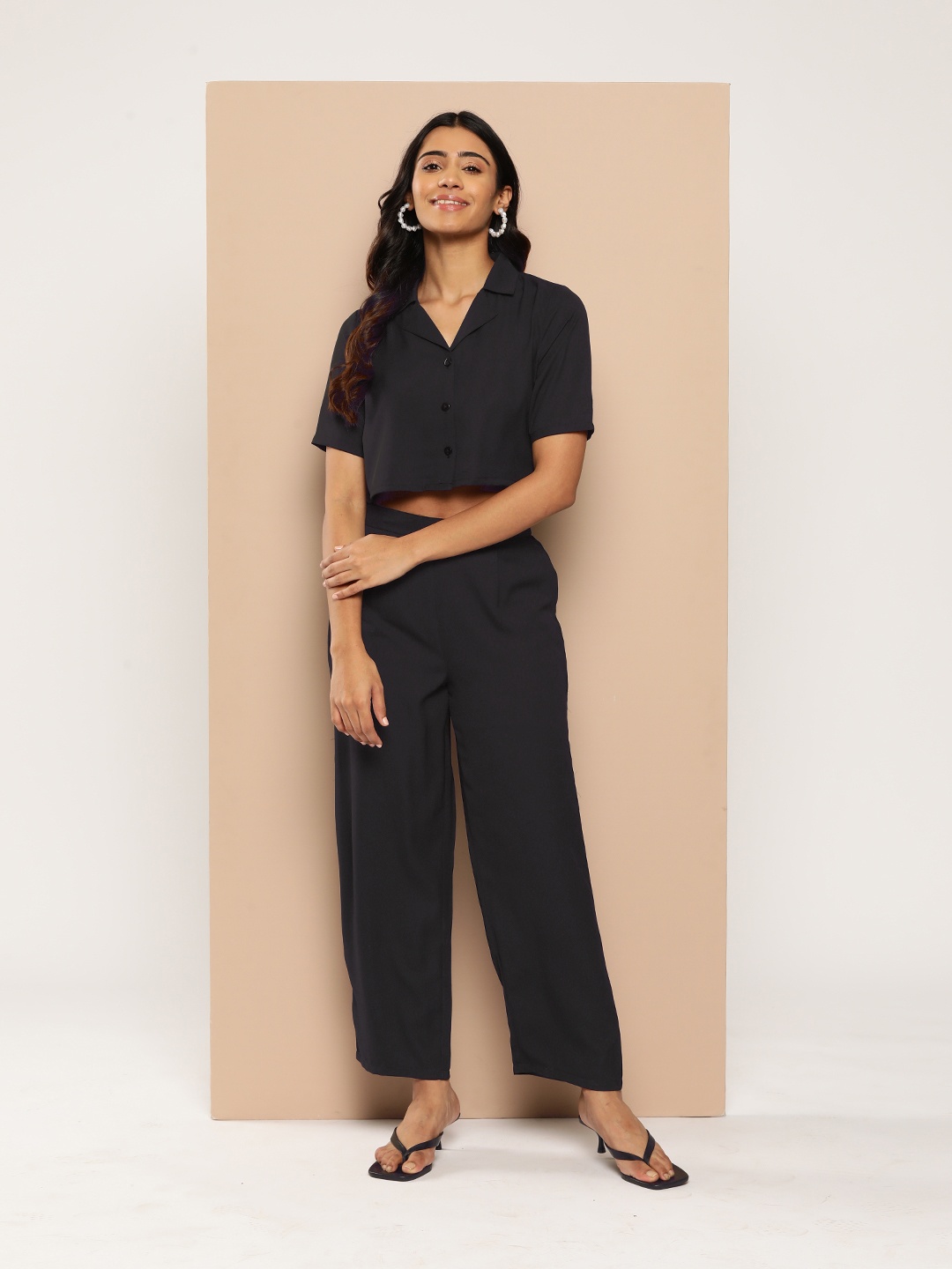 

HERE&NOW Women Notched Lapel Crop Co-Ords, Black