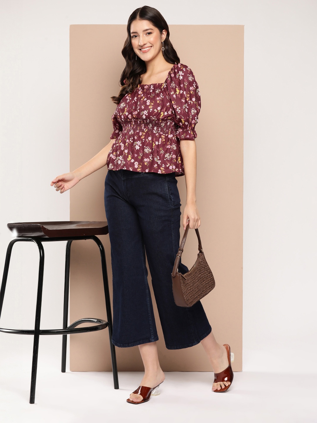 

HERE&NOW Floral Print Puff Sleeves Cinched Waist Top, Maroon