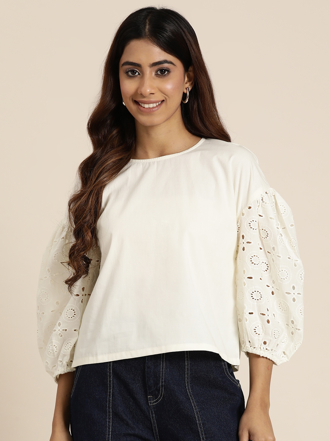 

HERE&NOW Puff Sleeve Cotton Top, Off white