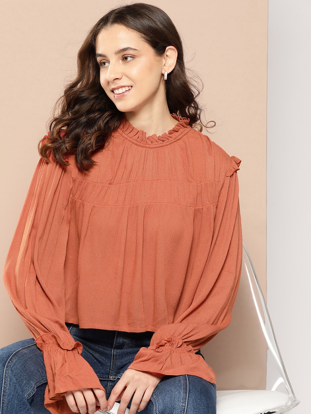 

HERE&NOW Ruffled Bell Sleeve Top, Rust