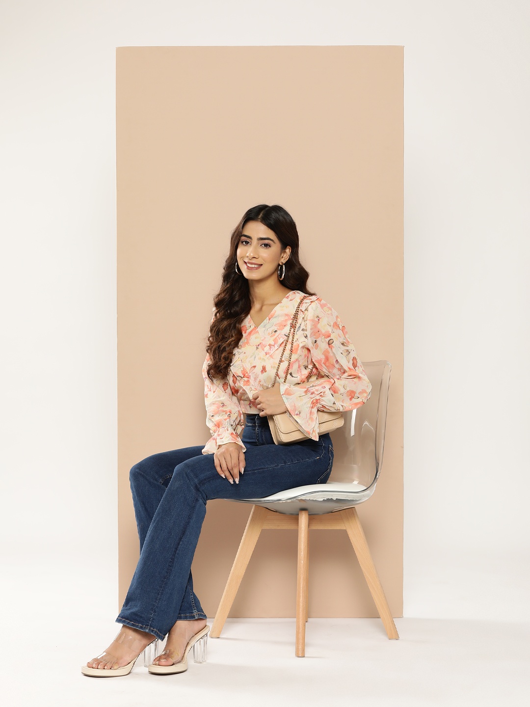 

HERE&NOW Floral Print Tie-Ups Detail Poet Sleeves Crop Top, Cream