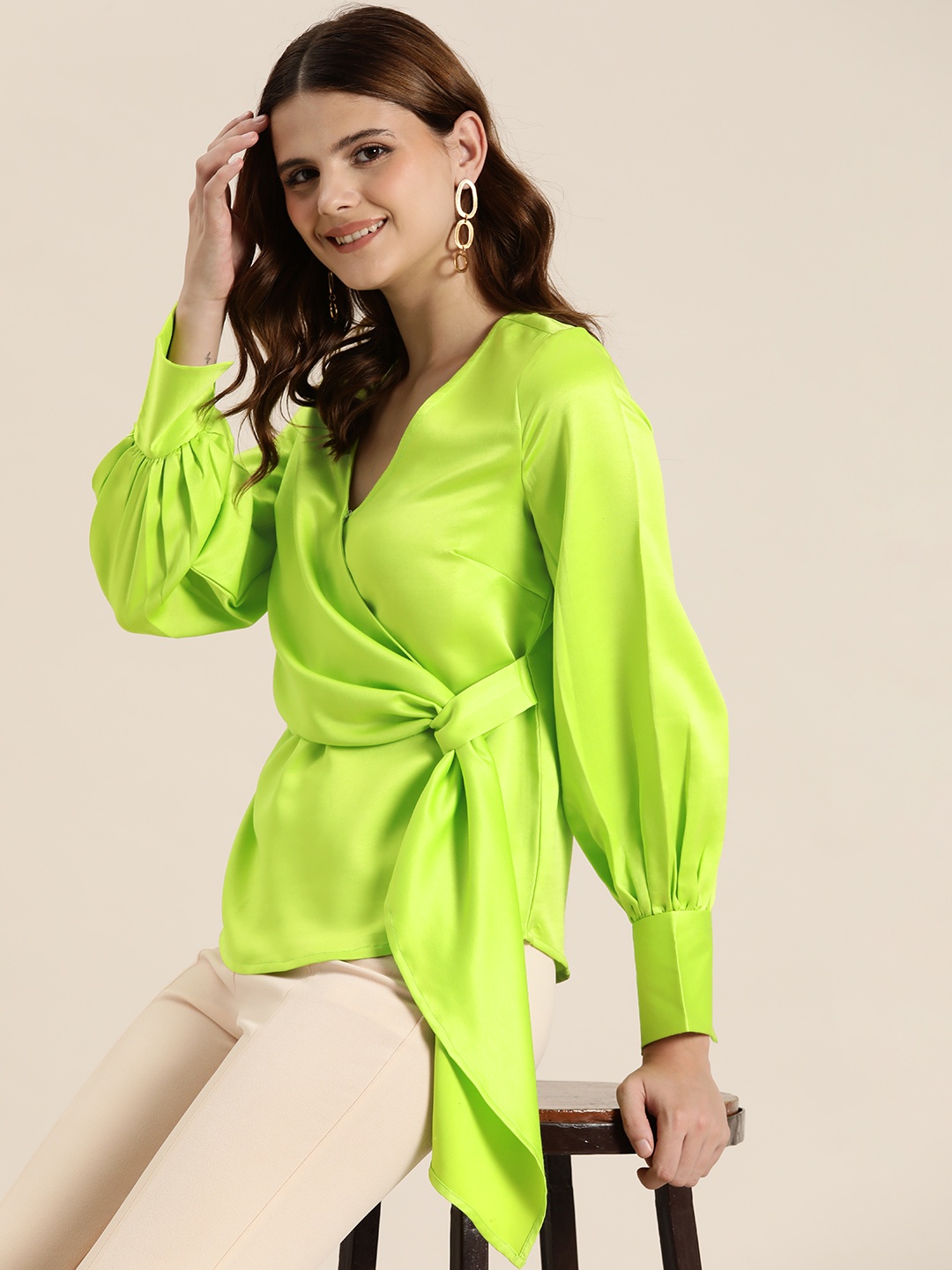 

HERE&NOW Wrap Top with Bishop Sleeves, Fluorescent green