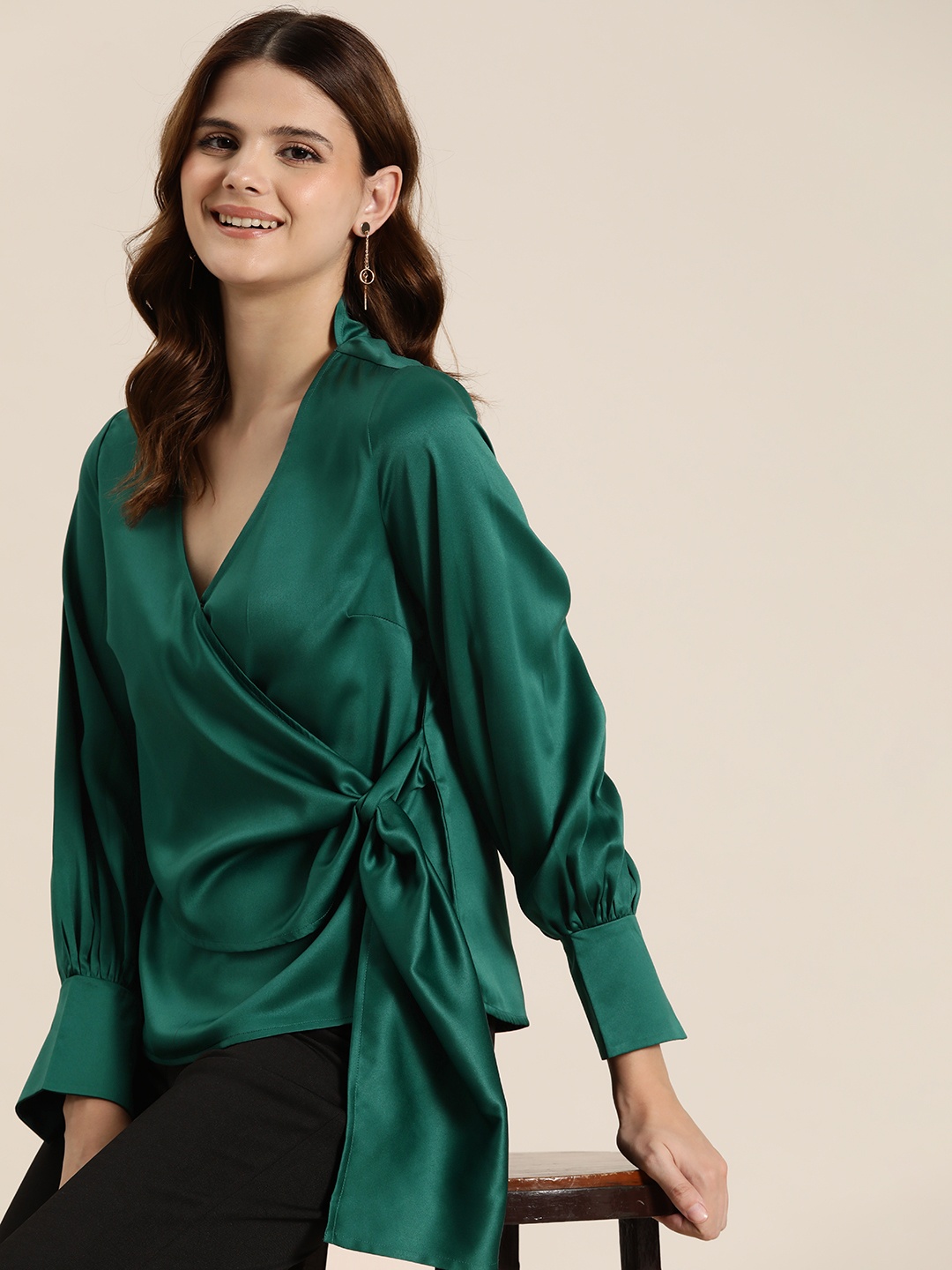 

HERE&NOW Wrap Top with Bishop Sleeves, Green