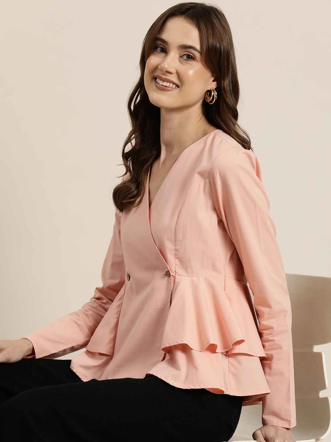 HERE&NOW Layered Pure Cotton Wrap Top, Pink
