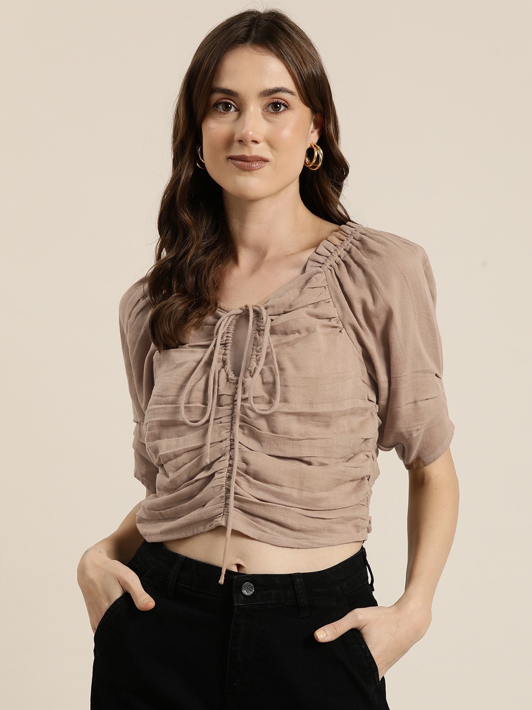 

HERE&NOW Tie-Up Neck Cotton Crop Top, Beige