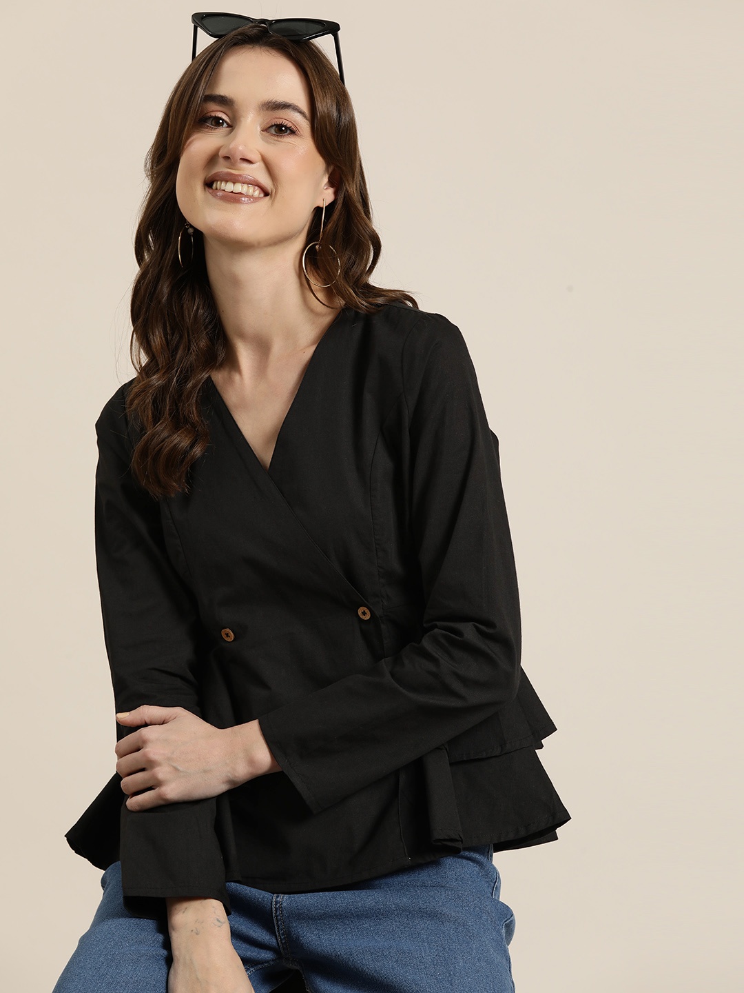 

HERE&NOW Layered Pure Cotton Wrap Top, Black