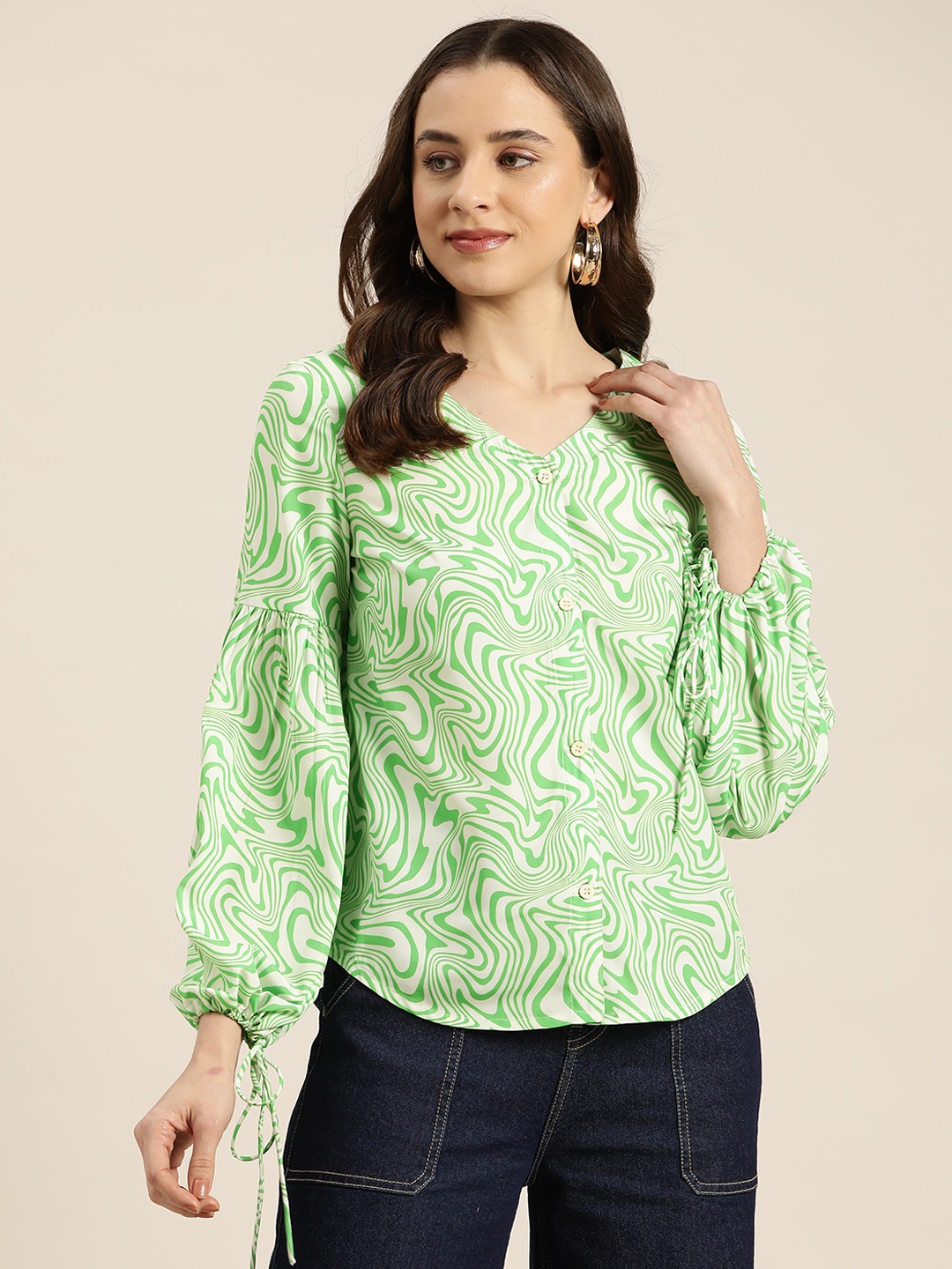 

HERE&NOW Abstract Print Tie-Ups Detailed Puff Sleeves Front Buttoned Top, Green