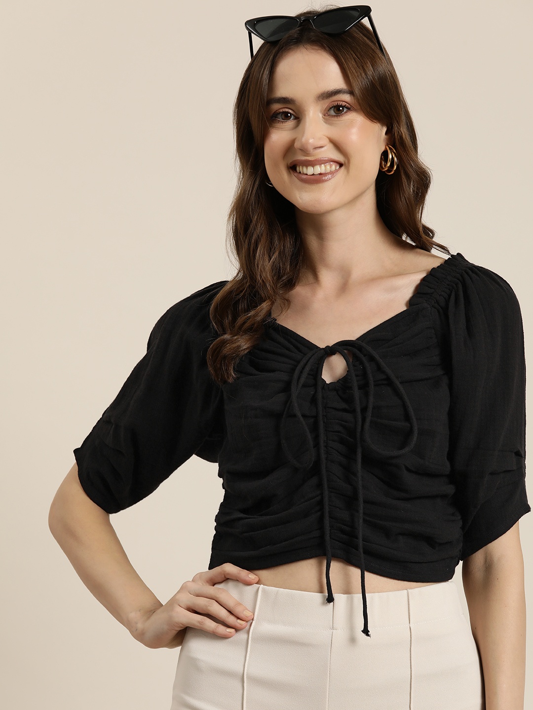 

HERE&NOW Tie-Up Neck Cotton Crop Top, Black