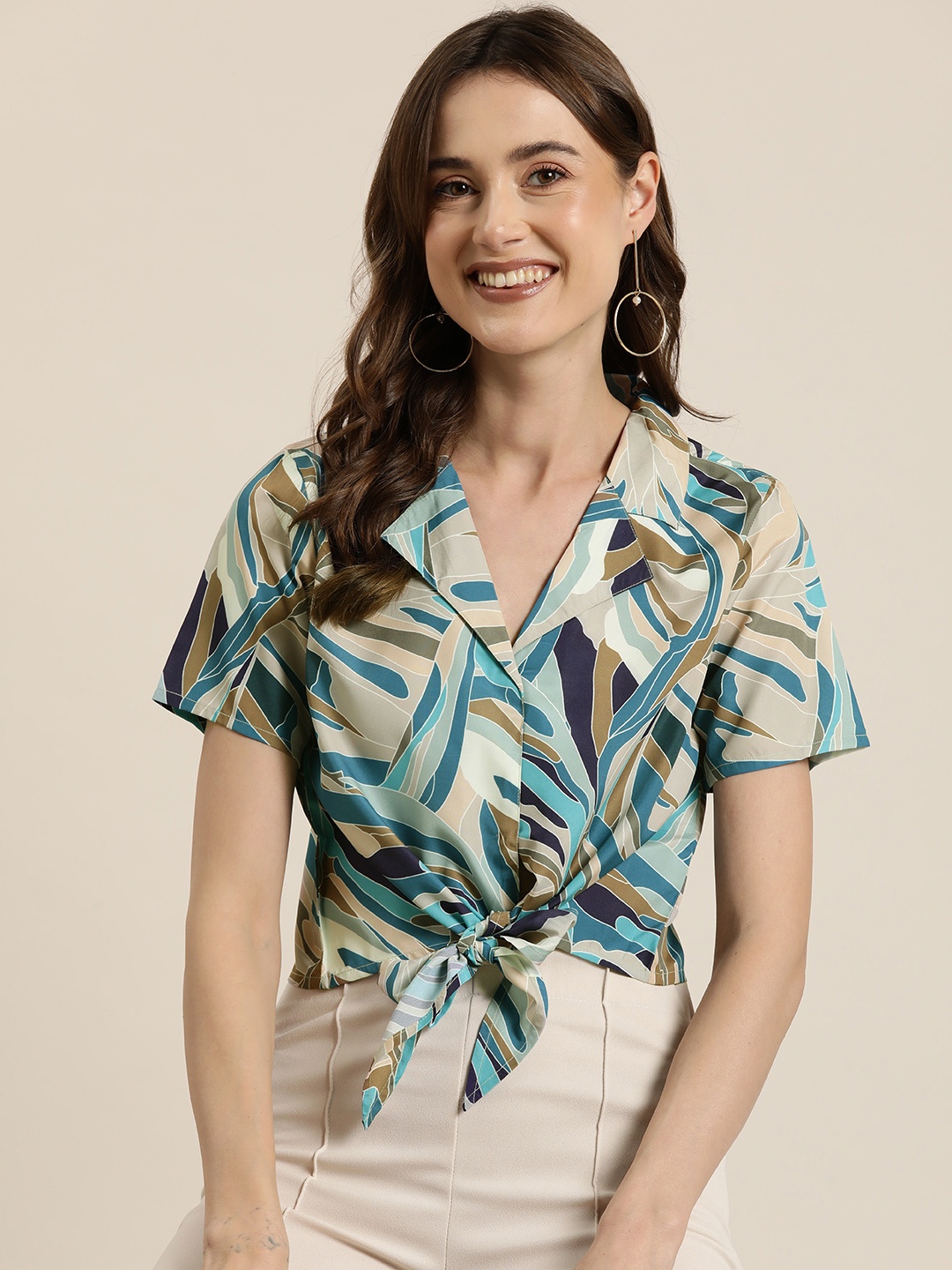 

HERE&NOW Abstract Print Shirt Style Crop Top, Blue