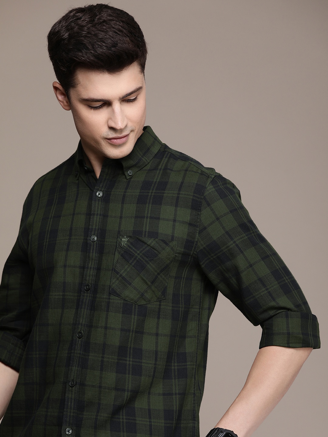

French Connection Pure Cotton Slim Fit Checked Casual Shirt, Green