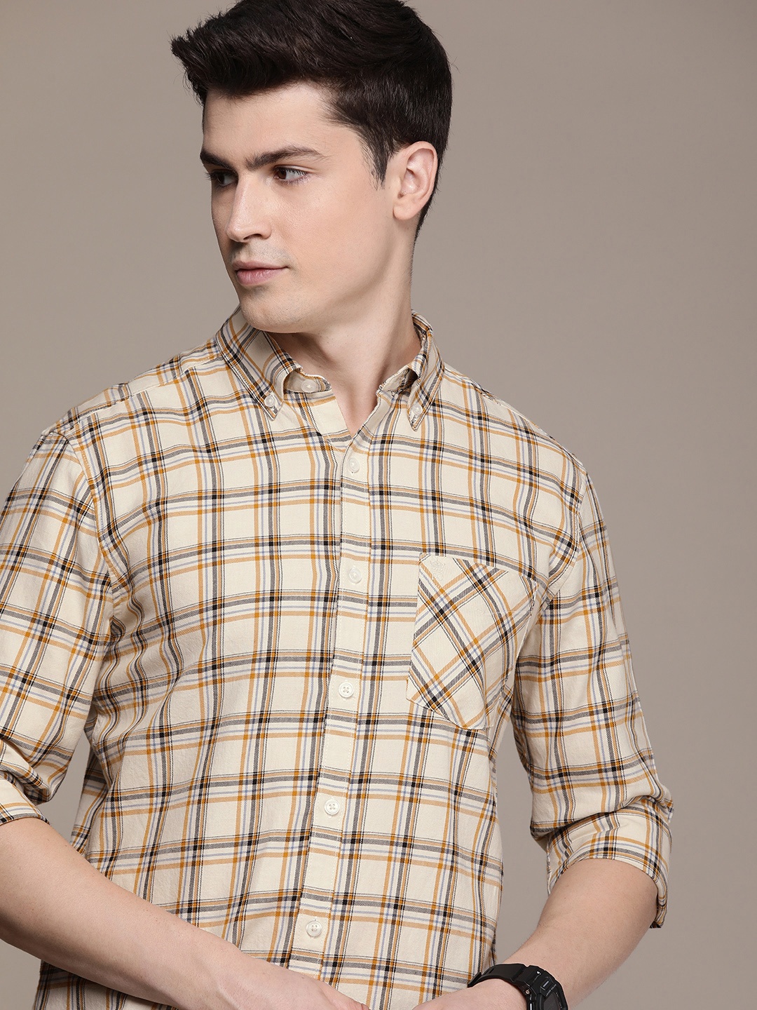 

French Connection Pure Cotton Slim Fit Checked Casual Shirt, Beige