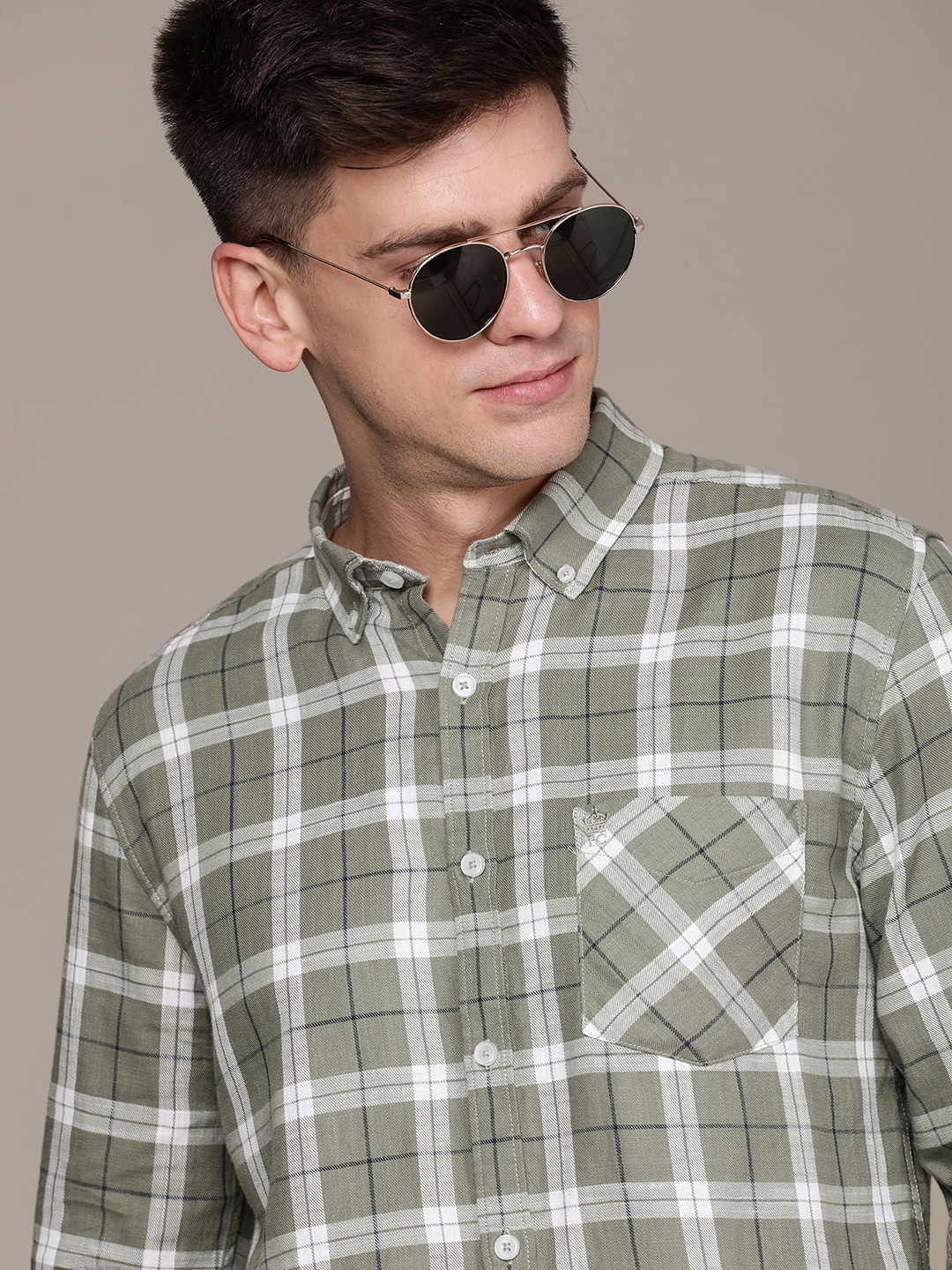 

French Connection Slim Fit Opaque Checked Pure Cotton Casual Shirt, Green