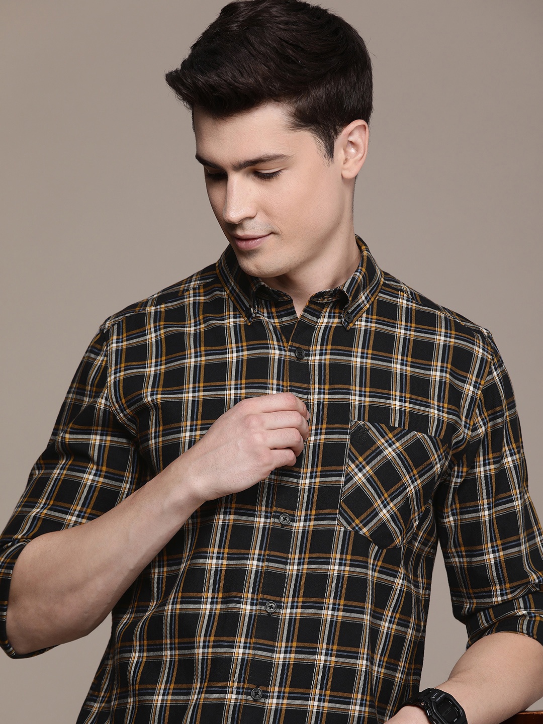 

French Connection Pure Cotton Slim Fit Checked Casual Shirt, Black