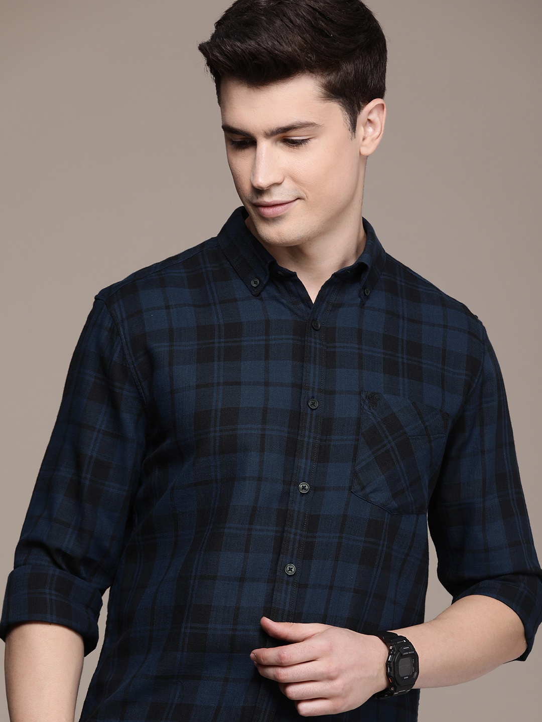

French Connection Pure Cotton Slim Fit Checked Casual Shirt, Navy blue