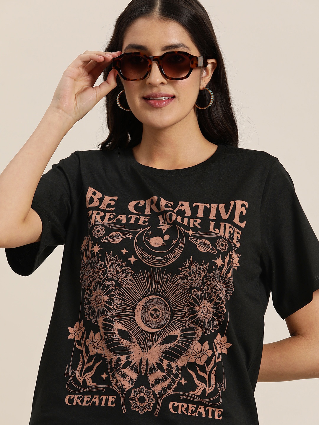 

HERE&NOW Printed Pure Cotton T-shirt, Black