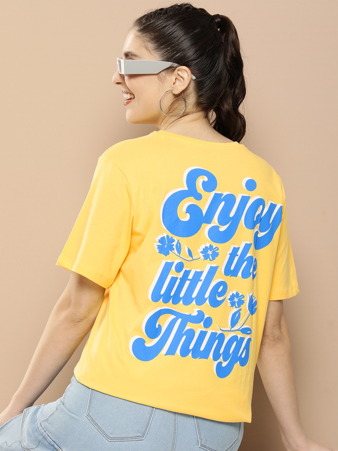 

HERE&NOW Pure Cotton Typography Printed Drop-Shoulder Sleeves T-shirt, Yellow