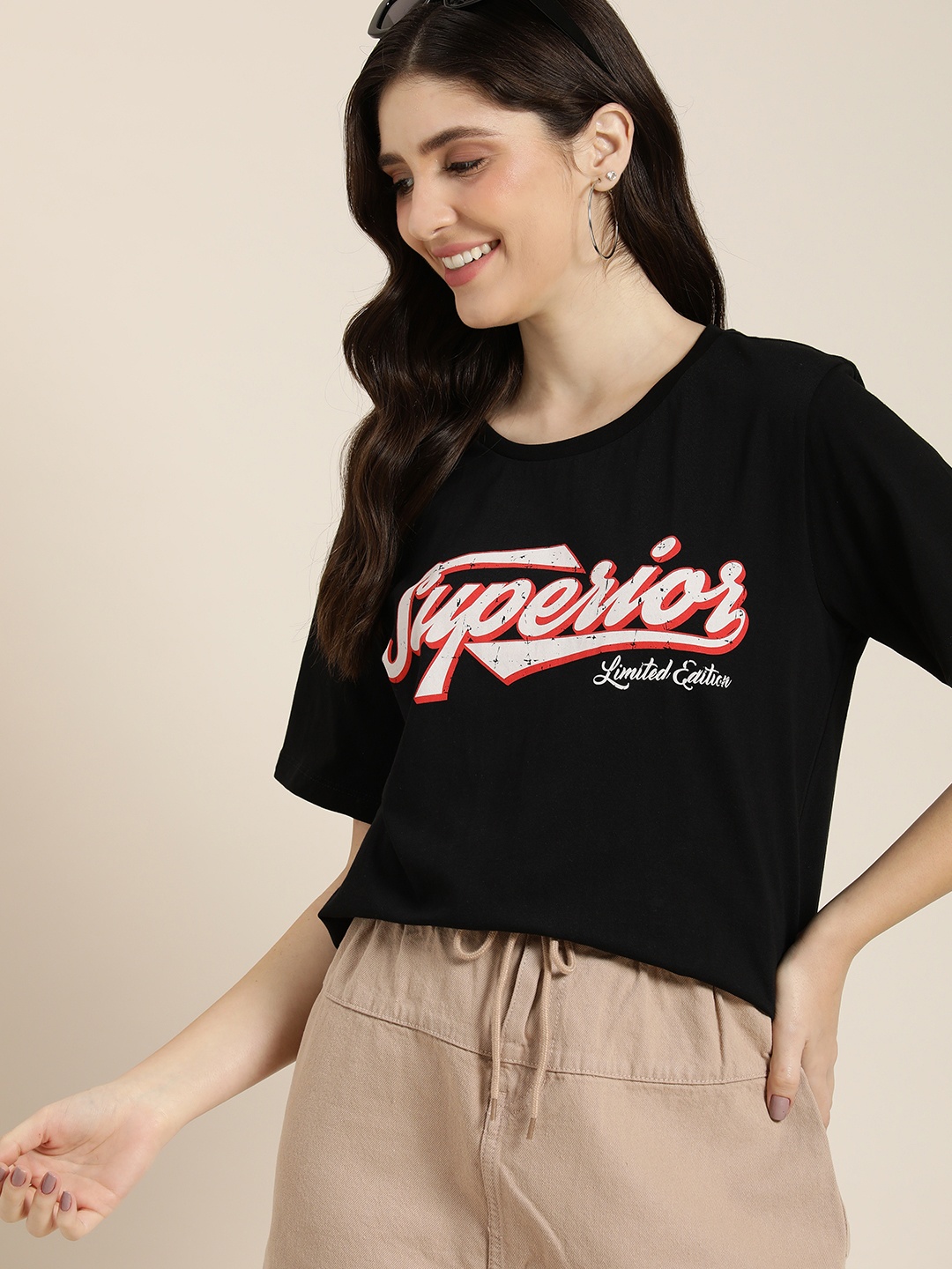 

HERE&NOW Printed Pure Cotton Drop-Shoulder Sleeves T-shirt, Black