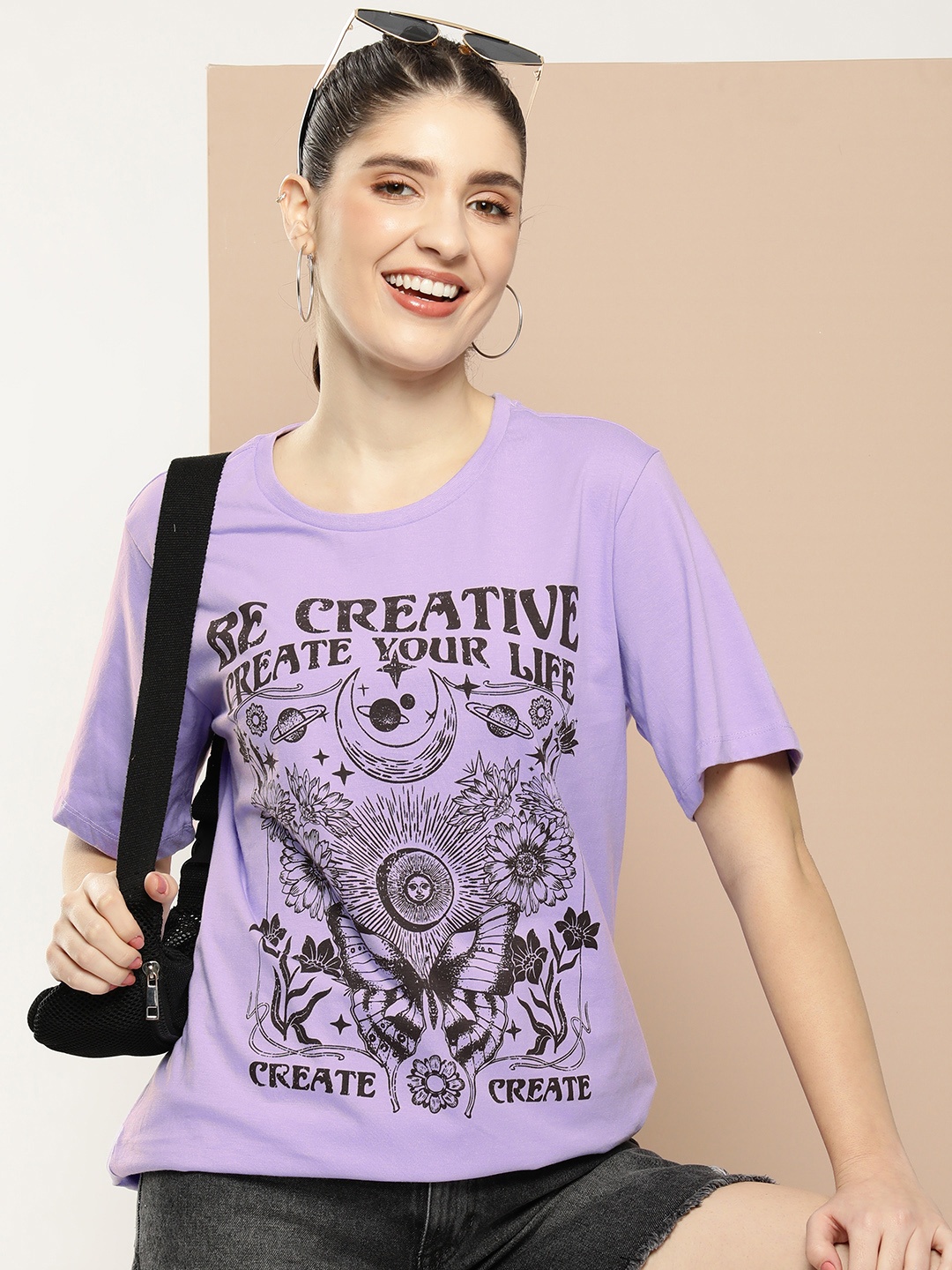 

HERE&NOW Pure Cotton Graphic Printed Casual T-shirt, Lavender