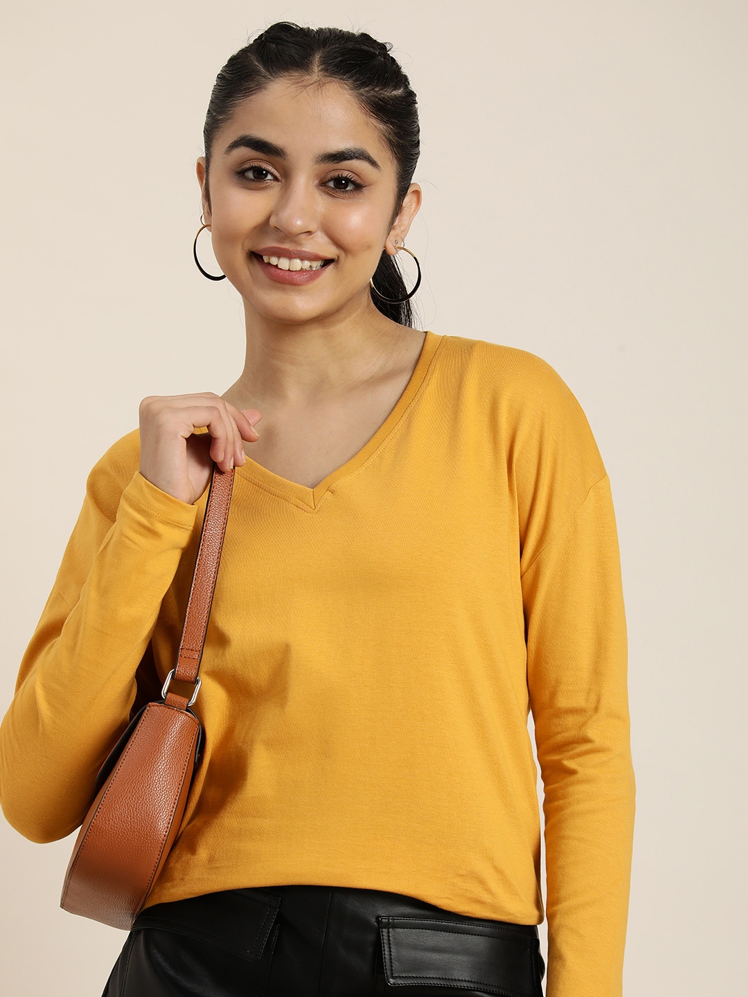 

HERE&NOW Women V-Neck Pure Cotton T-shirt, Mustard