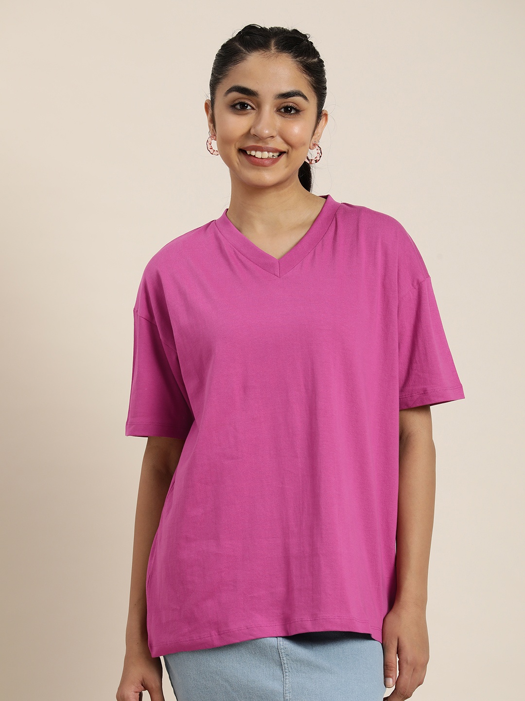 

HERE&NOW Women V-Neck Pure Cotton T-shirt, Magenta