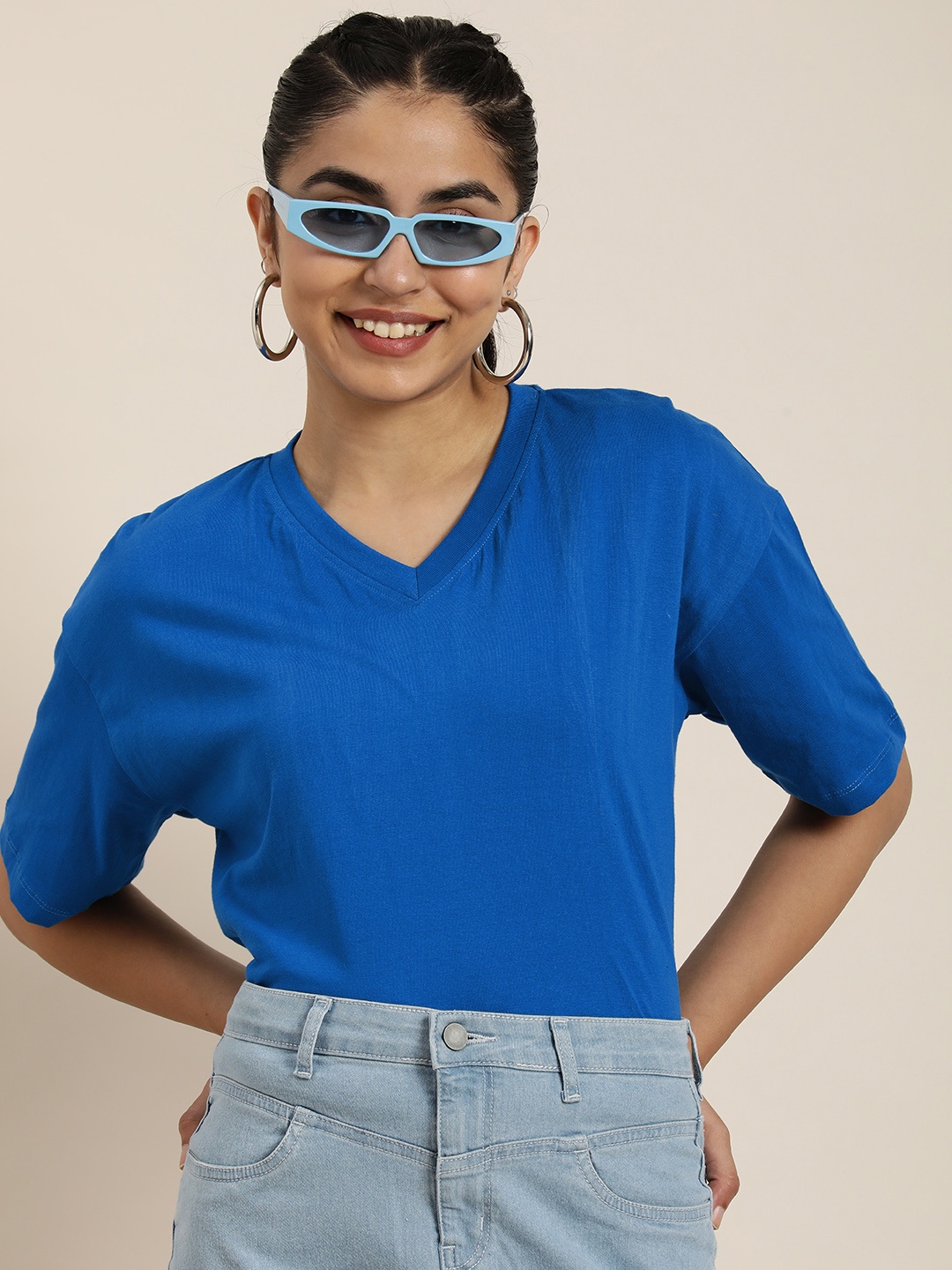 

HERE&NOW Women V-Neck Pure Cotton T-shirt, Blue