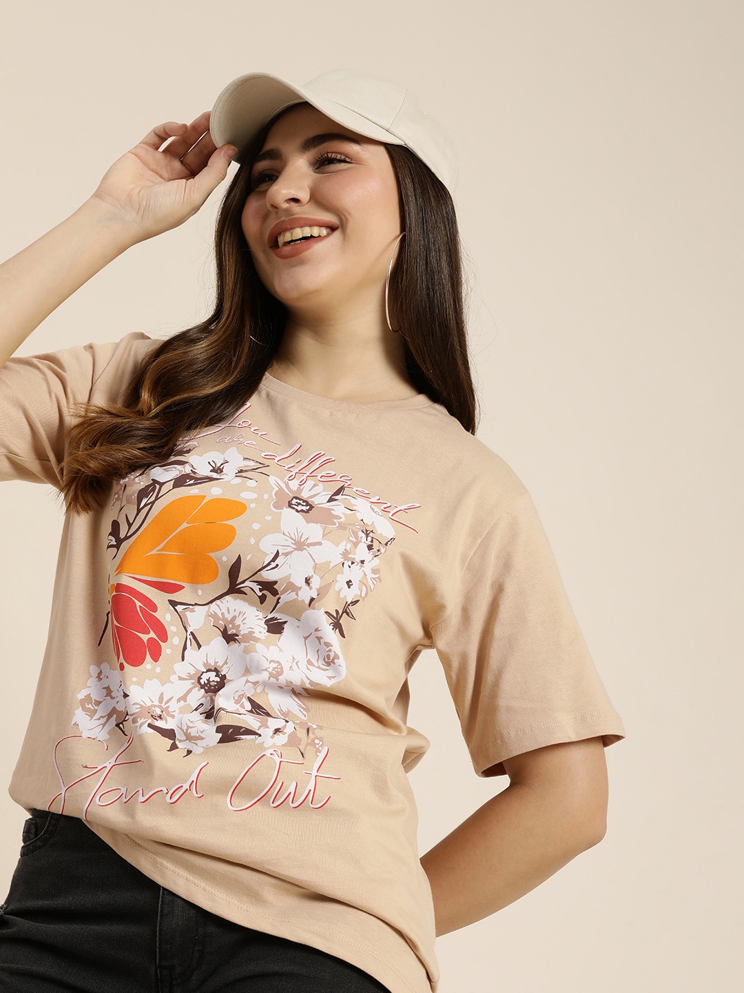 

HERE&NOW Graphic Printed Pure Cotton T-shirt, Beige