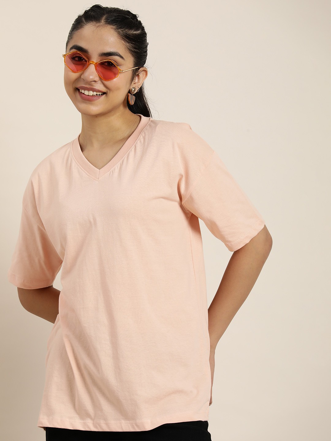 

HERE&NOW Women Solid V-Neck Drop-Shoulder Sleeves Pure Cotton Oversized T-shirt, Peach