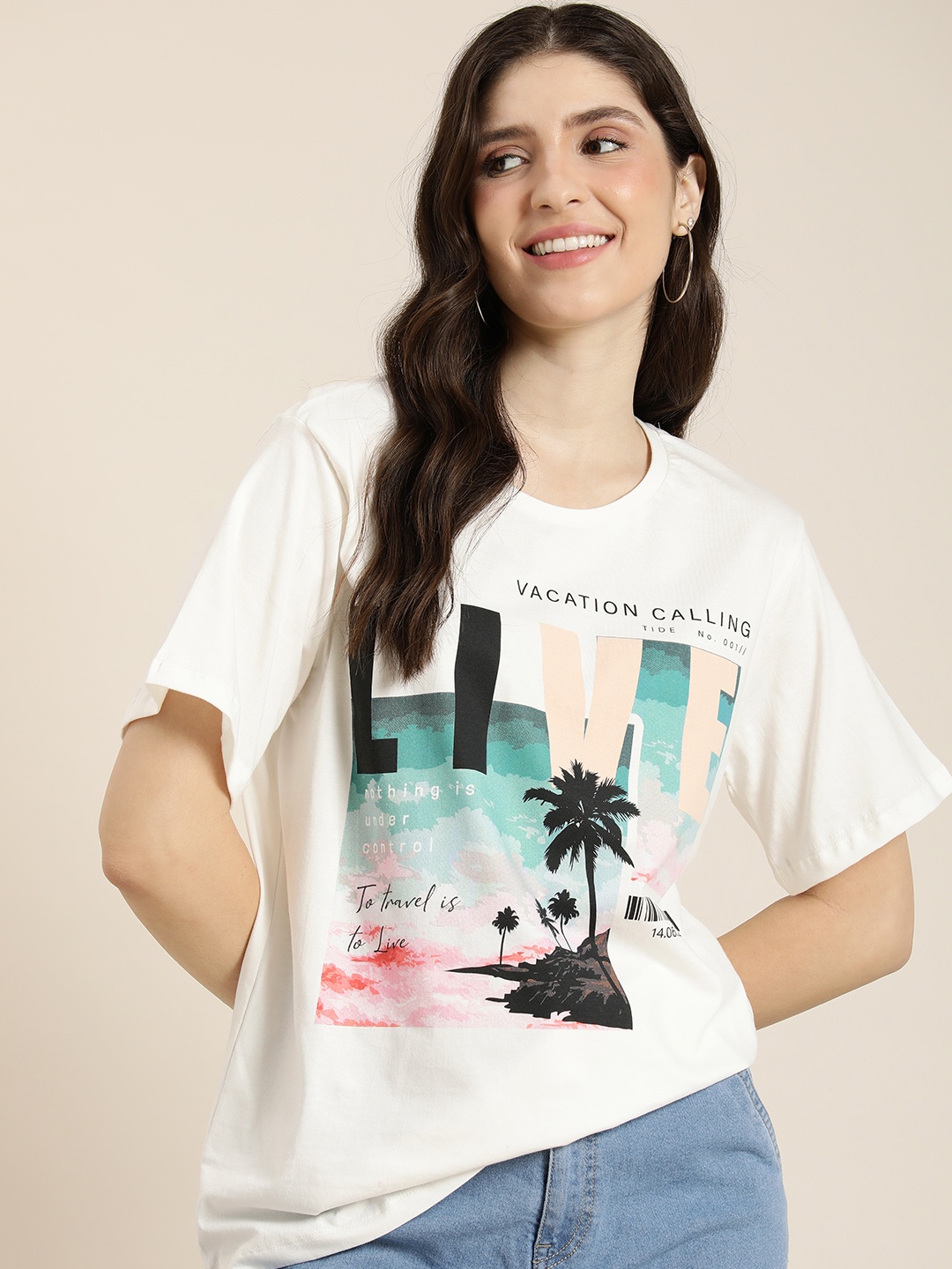 

HERE&NOW Printed Pure Cotton Drop-Shoulder Sleeves T-shirt, White