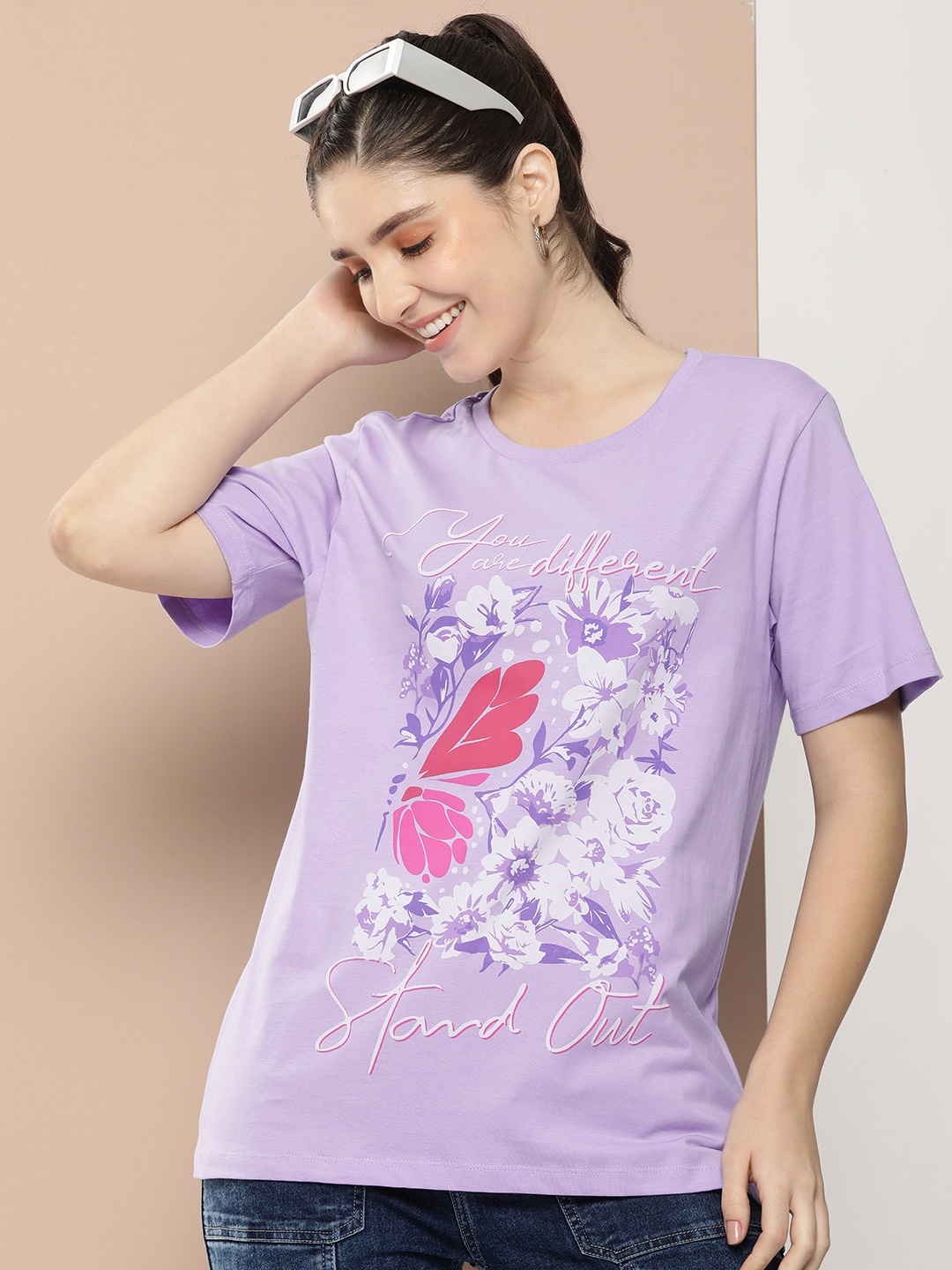 

HERE&NOW Printed Drop-Shoulder Sleeves Pure Cotton T-shirt, Lavender